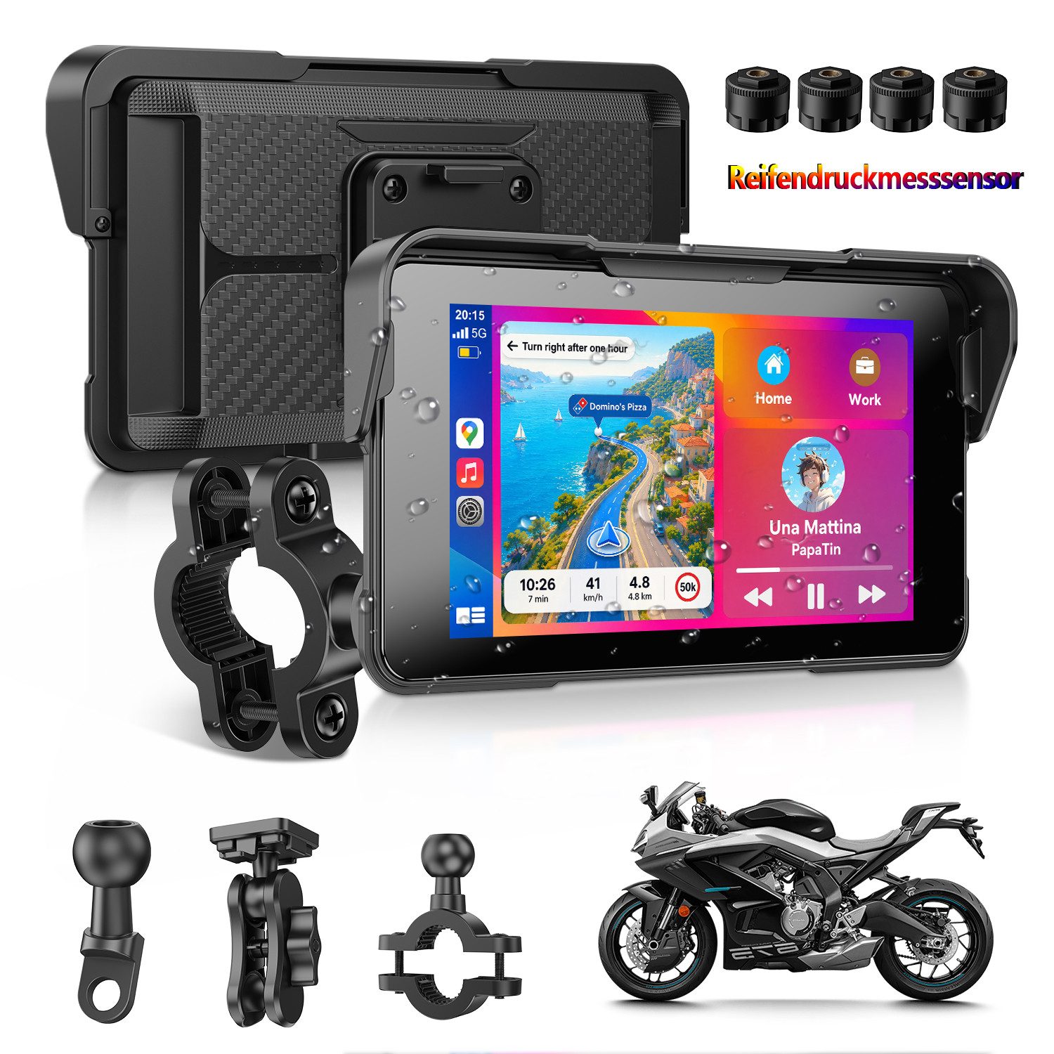 ESSGOO 5 Zoll GPS Navigationsgerät Navi Für Motorrad Carplay Android Auto BT Motorrad-Navigationsgerät (Bluetooth)