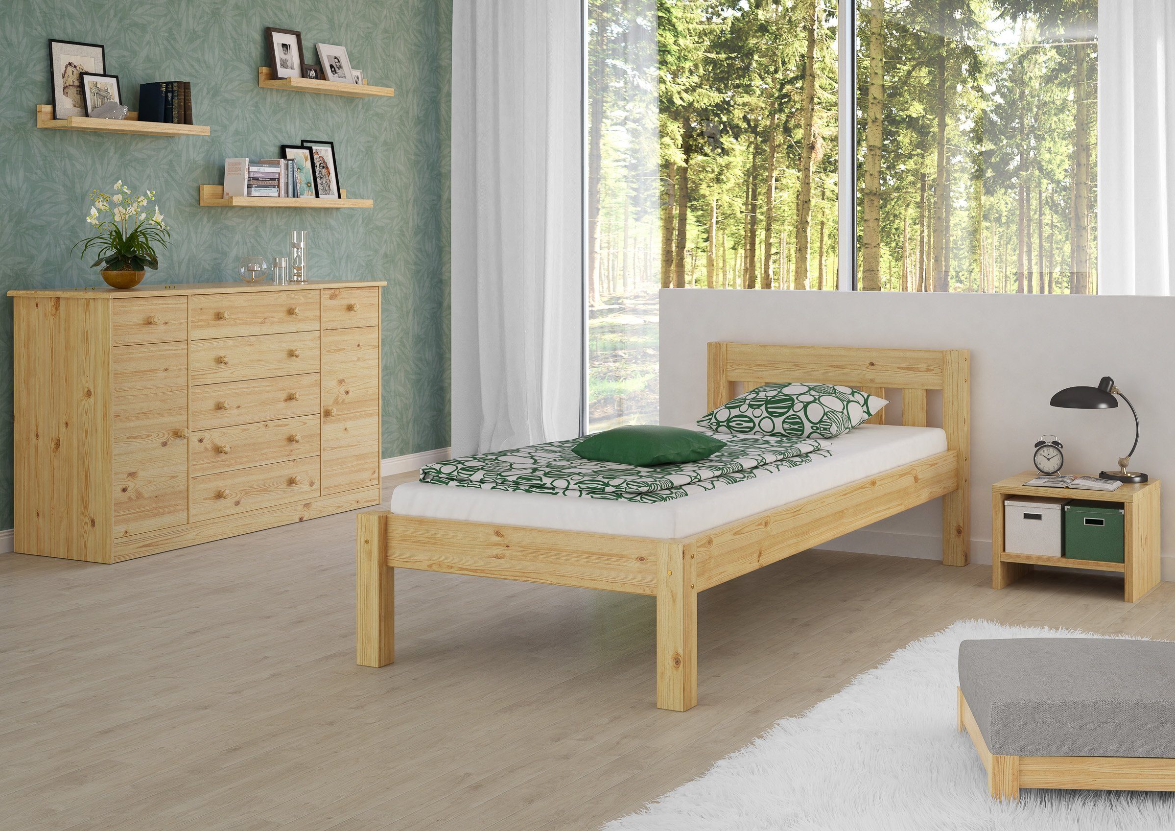 ERST-HOLZ Massivholzbett Schönes Einzelbett 100 x 200 cm Futonbett Holzbett Kiefer Massiv, Kiefer farblos lackiert