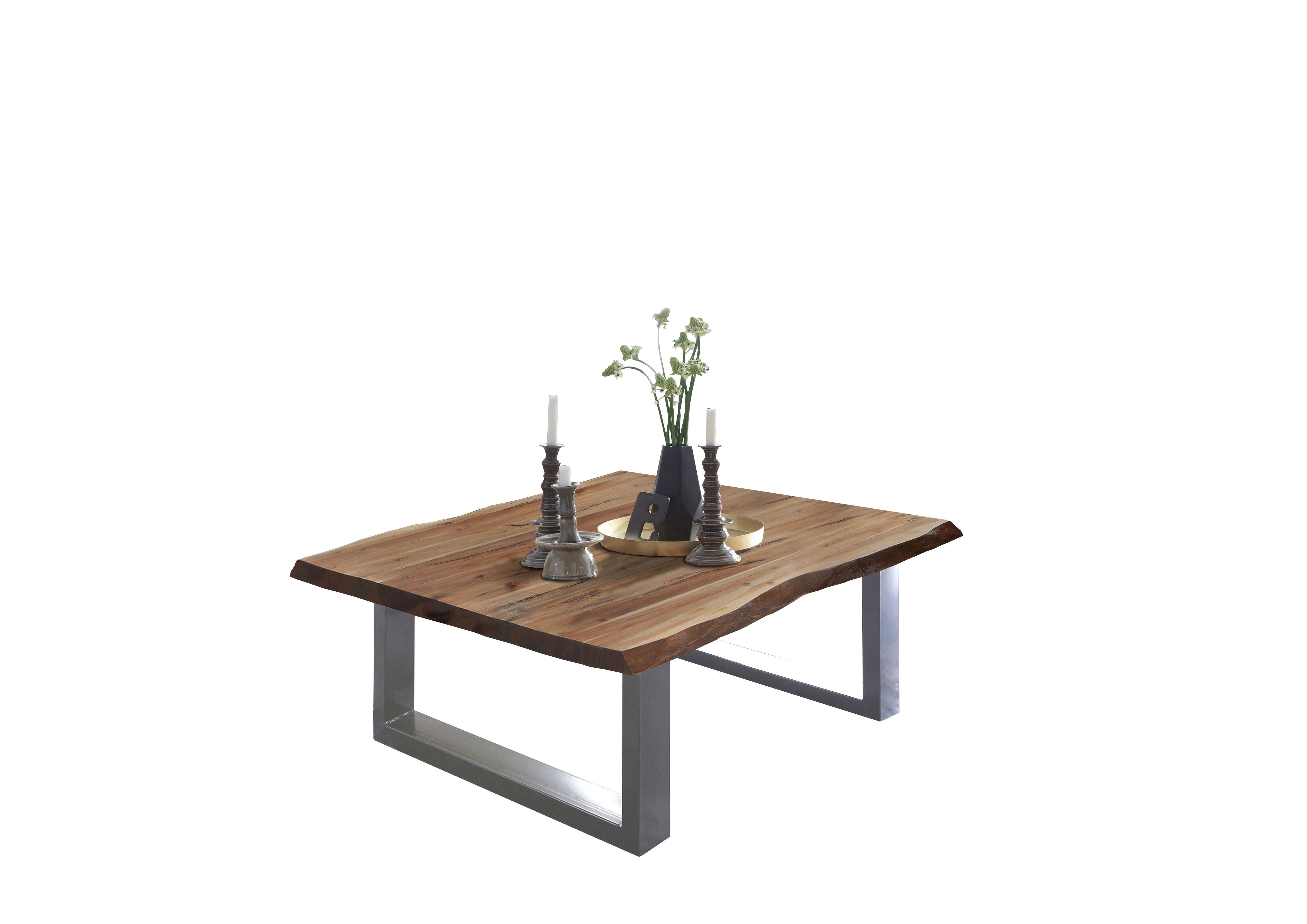 natürliche Naturfarben | Junado® Akazie Tischplatte Noah, Massivholz, Couchtisch Silber Baumkante Stärke 26mm,