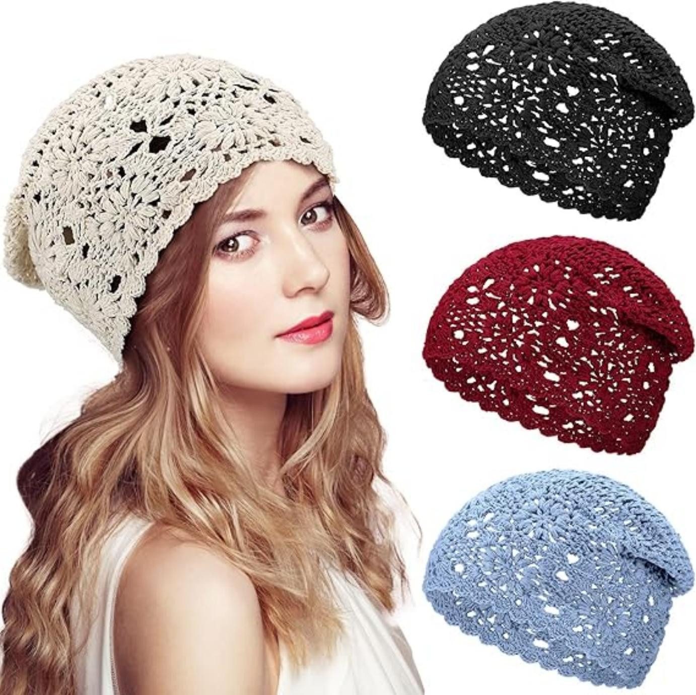 Bwecuy Beanie Baumwolle Häkelmütze Handgemachte Strick Floral Slouchy (3-St)
