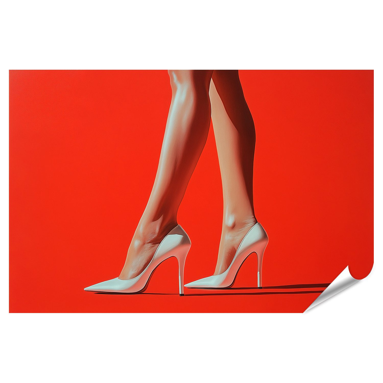 islandburner Poster Elegante Beine in weißen High Heels vor rotem Hintergrund