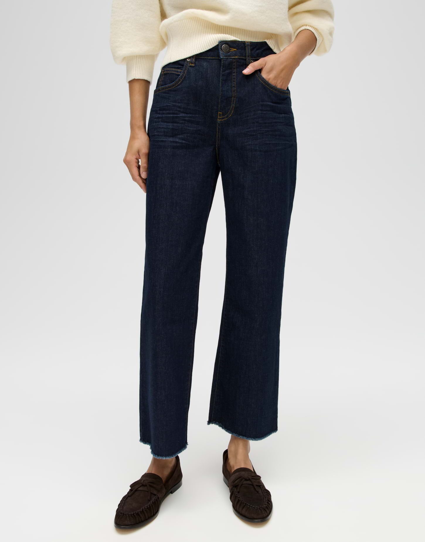 OPUS Weite Jeans Wide Cropped Jeans MOMITO Mid Rise mit Fransen
