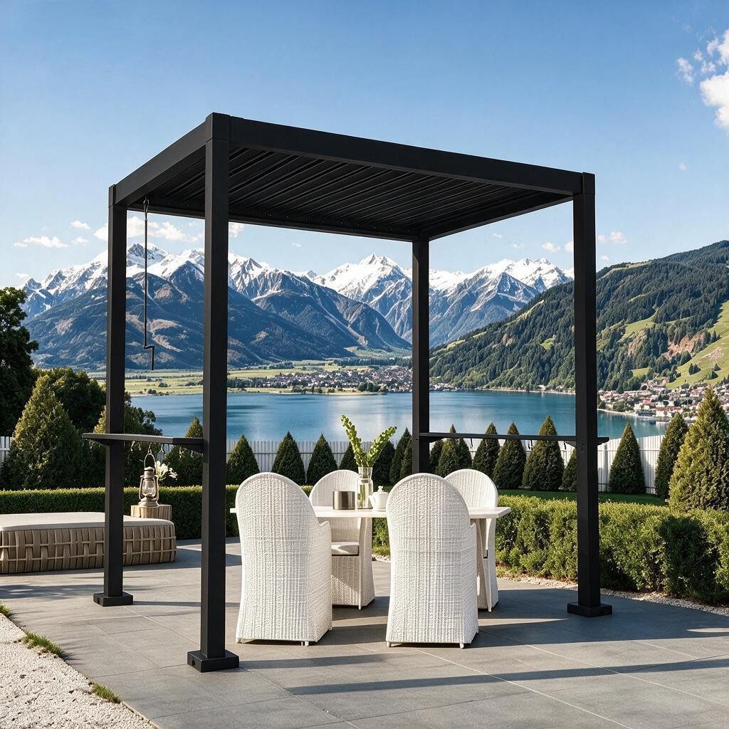KreaGo Pergola mit Lamellendach Pavillon Grillpavillon mit Metalldach Schwarz, BxTxH: 240x180x240 cm, (Terrassenüberdachung BxTxH: 240 x 180 x 240 cm, mit 2 Metallablagen, 12 Metallhaken), ohne Seitenteile