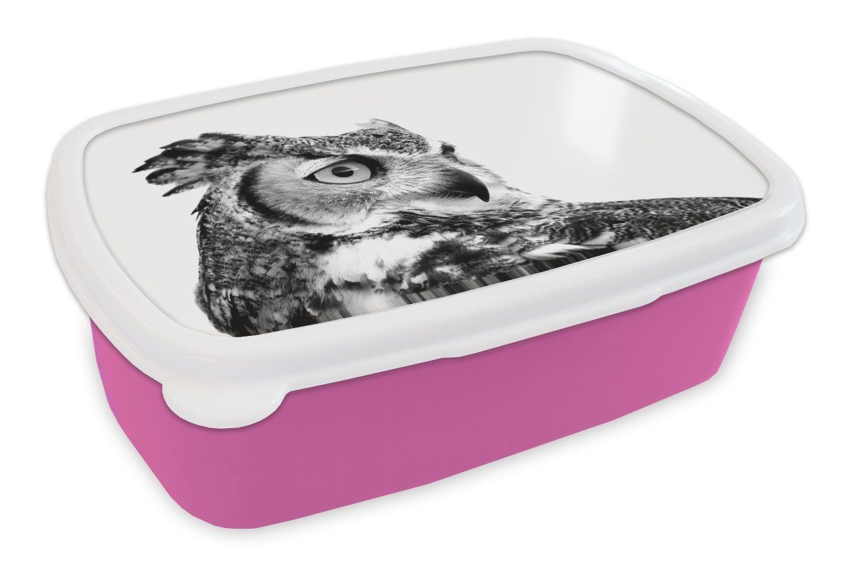 Kunststoff, rosa (2-tlg), mit Eule Brotdose Kunststoff MuchoWow weißem und - schwarz Braune Lunchbox weiß, für Mädchen, Hintergrund Brotbox Snackbox, Kinder, Erwachsene,