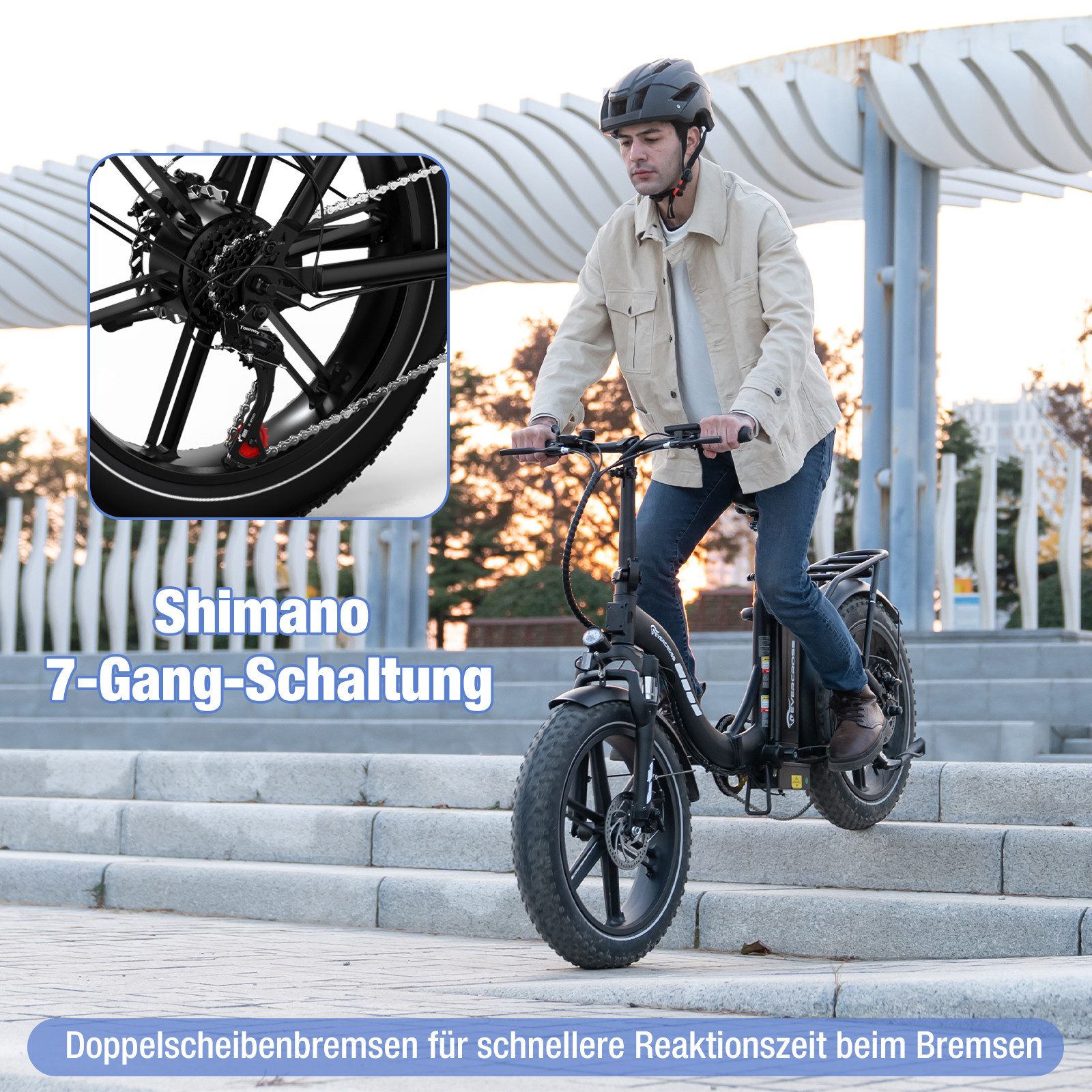 EVERCROSS TECH E-Bike 20×4.0 Fatbike, 7-Gang Shimano, 48V 18Ah abnehmbarer Akku 130km, Heckmotor, 864 Wh, 250W Motor Elektrofahrräder für Damen und Herren – Bild 5 von 5