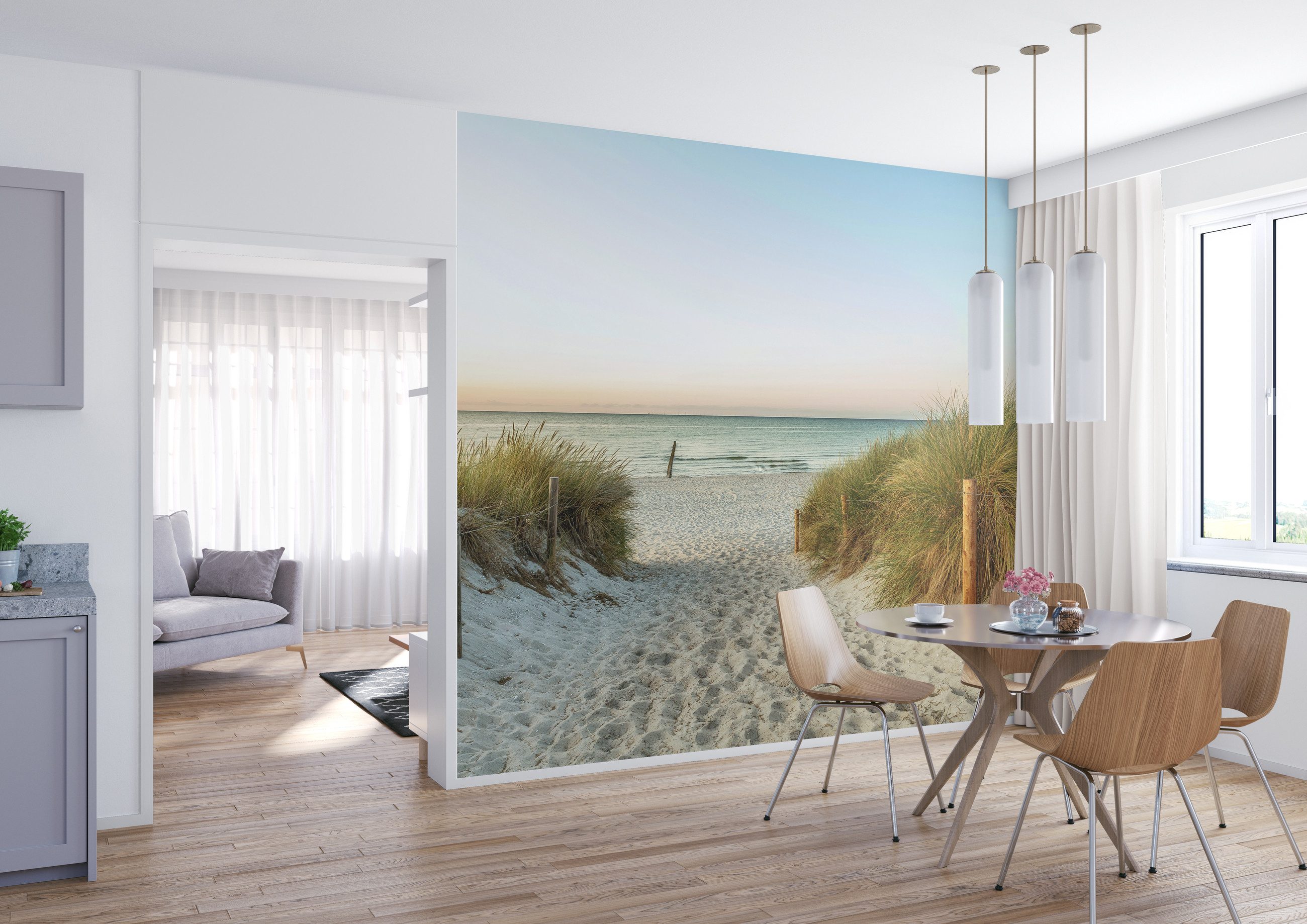 Rasch Fototapete Strand Dünen und Horizont - 2,65m x 3,71m, glatt, Meer, Natur, Strand, Landschaft, (1 Rolle, 1 St), Dünen, Sand