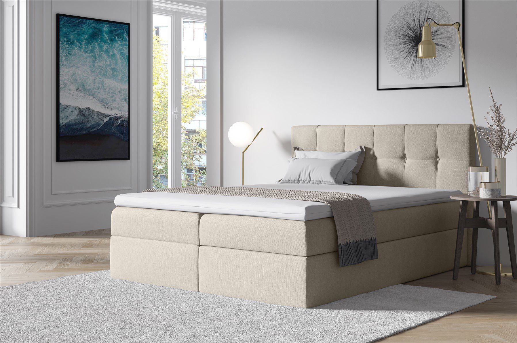 Fun Möbel Boxbett Schlafzimmerbett BURGOS in Stoff Beige inkl. Bettkasten (1-St., inkl. Kaltschaumtopper)