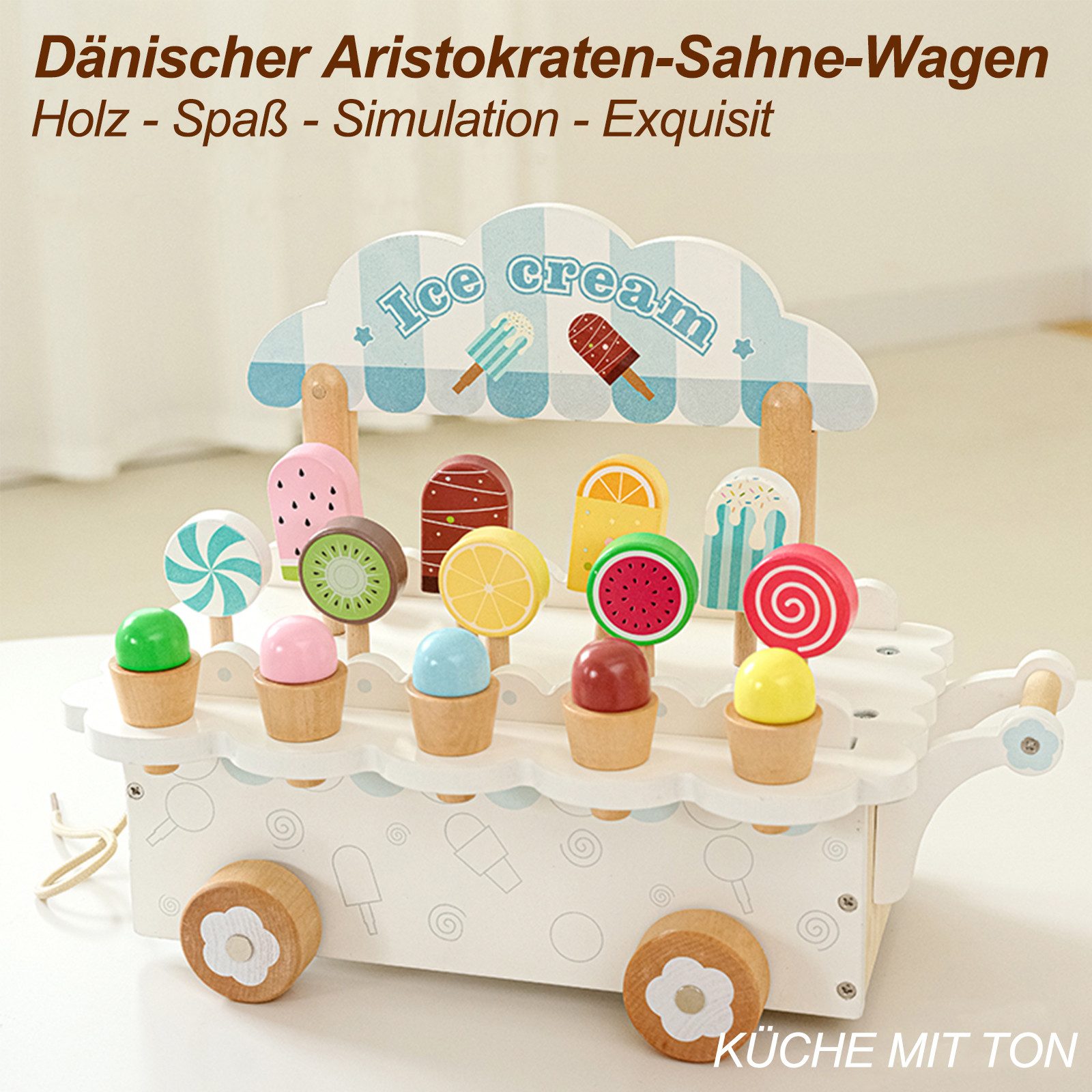 Esun Spielküche Eisdiele Kinder Holz, 3-in-1-Spielküche Zubehör mit EIS Spi günstig online kaufen