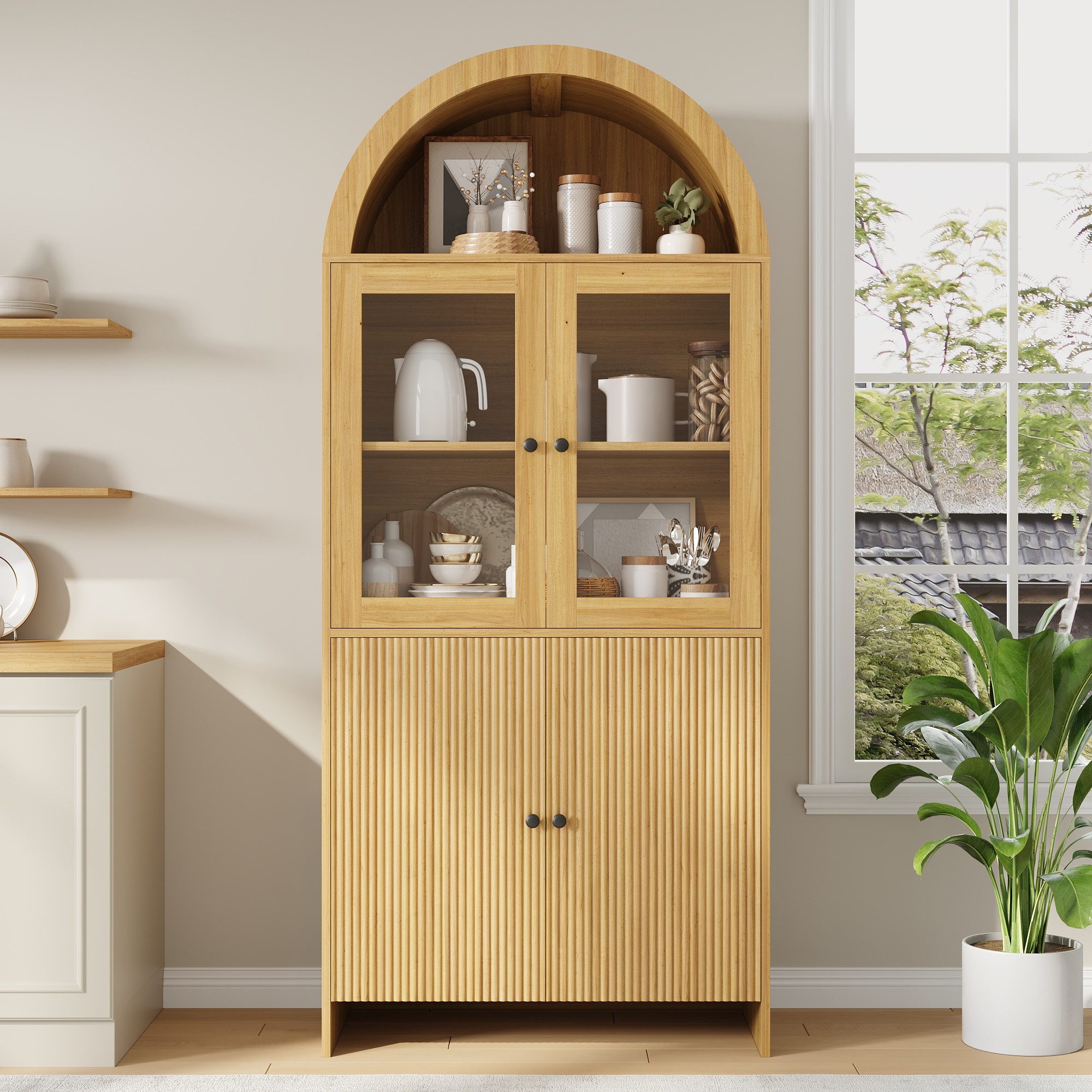 REDOM Vitrine 78x176x40 cm mit geschwungener Bogendecke (Packung, 1-St., Kombination aus Vitrine und Aufbewahrungsschrank) Klassischer Wohnzimmerschrank mit Wellendekor