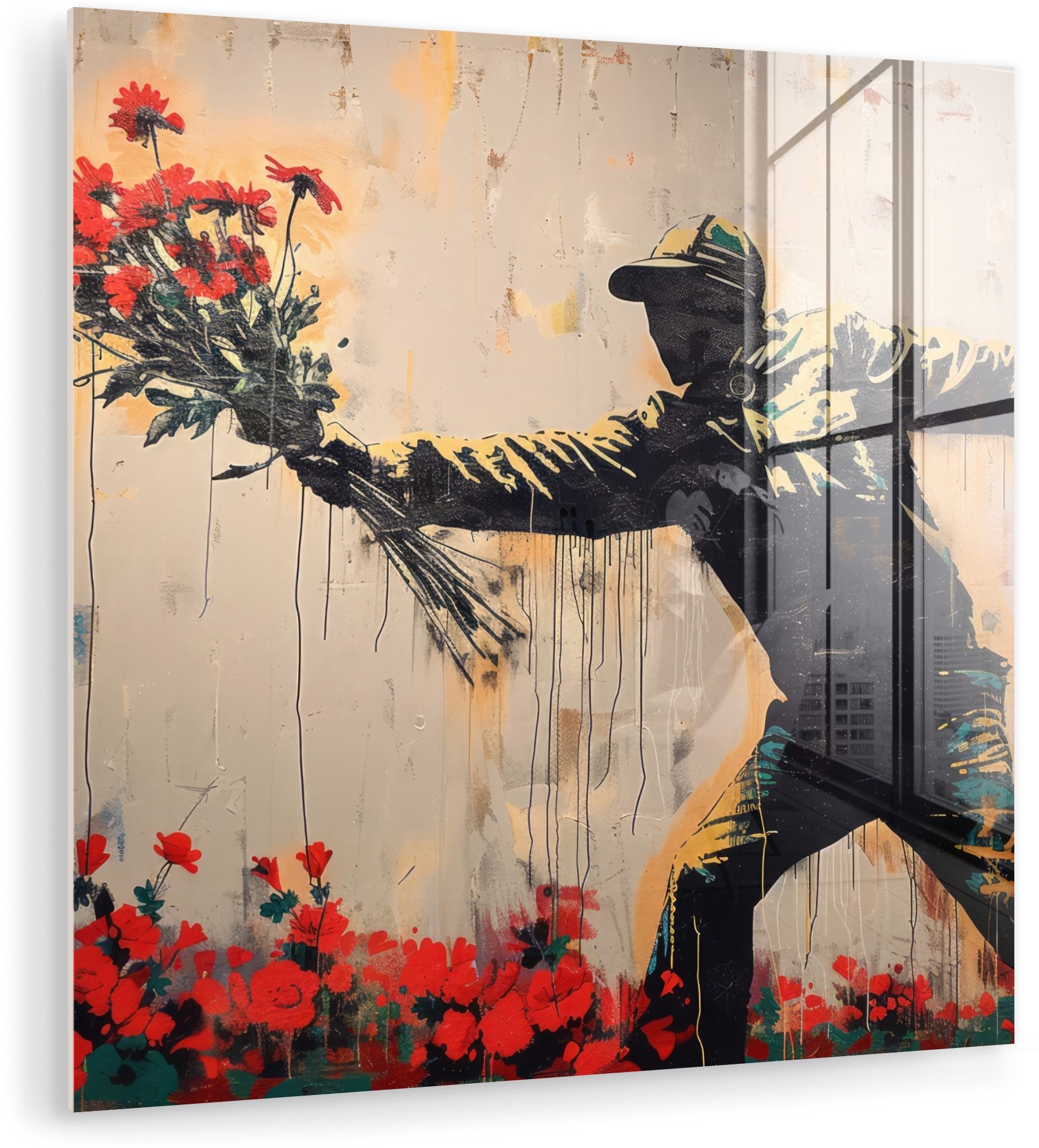 MuchoWow Acrylglasbild Straßenkunst - Mann - Blumen - Graffiti - Banksy-Stil, Inkl. Aufhängung, Bilder auf Glas Wandbild, Wanddeko Wohnzimmer Badezimmer, 20x20 cm