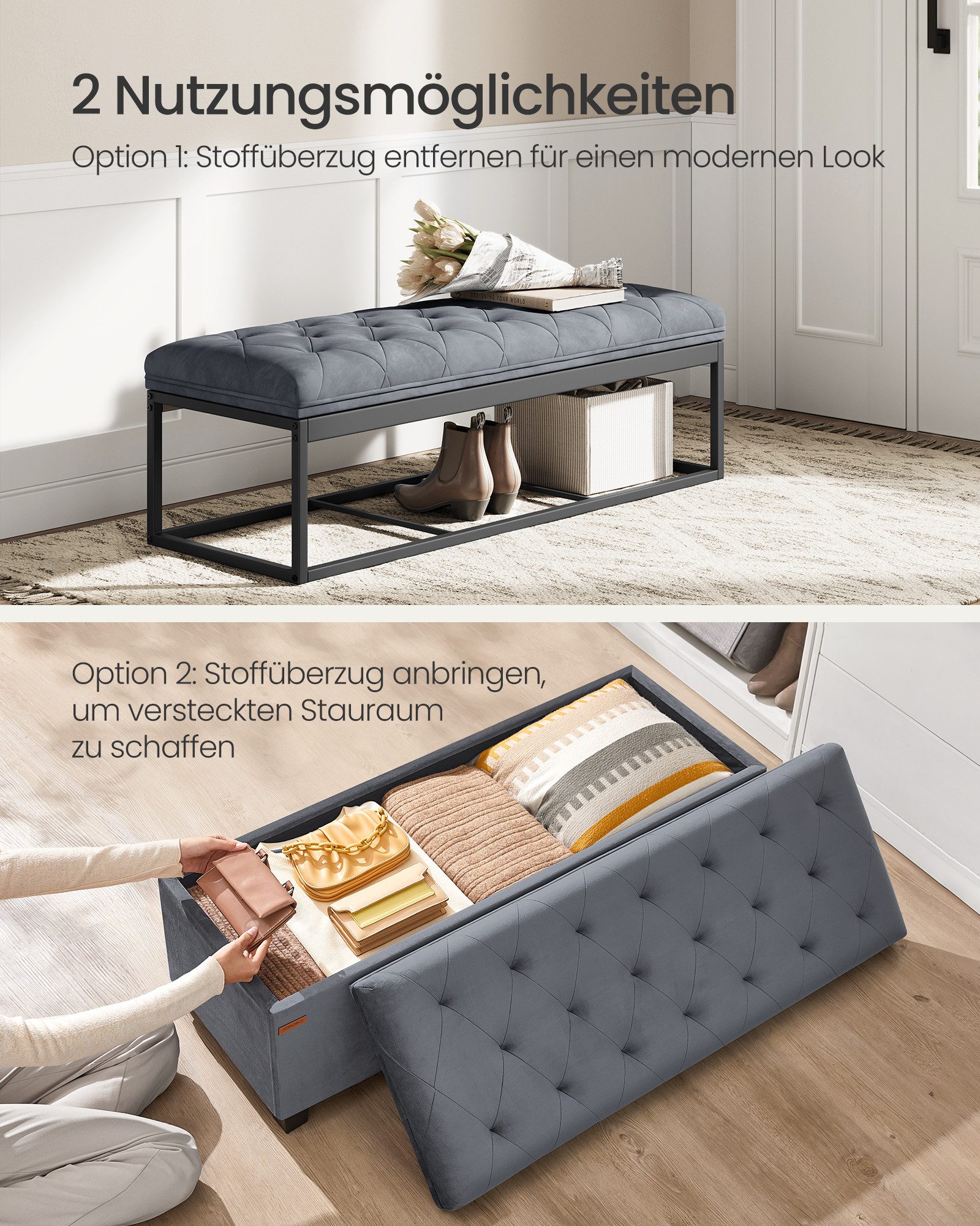 SONGMICS Sitzbank, Sitzhocker mit Stauraum, Sitzbank mit Beinen, Fußbank