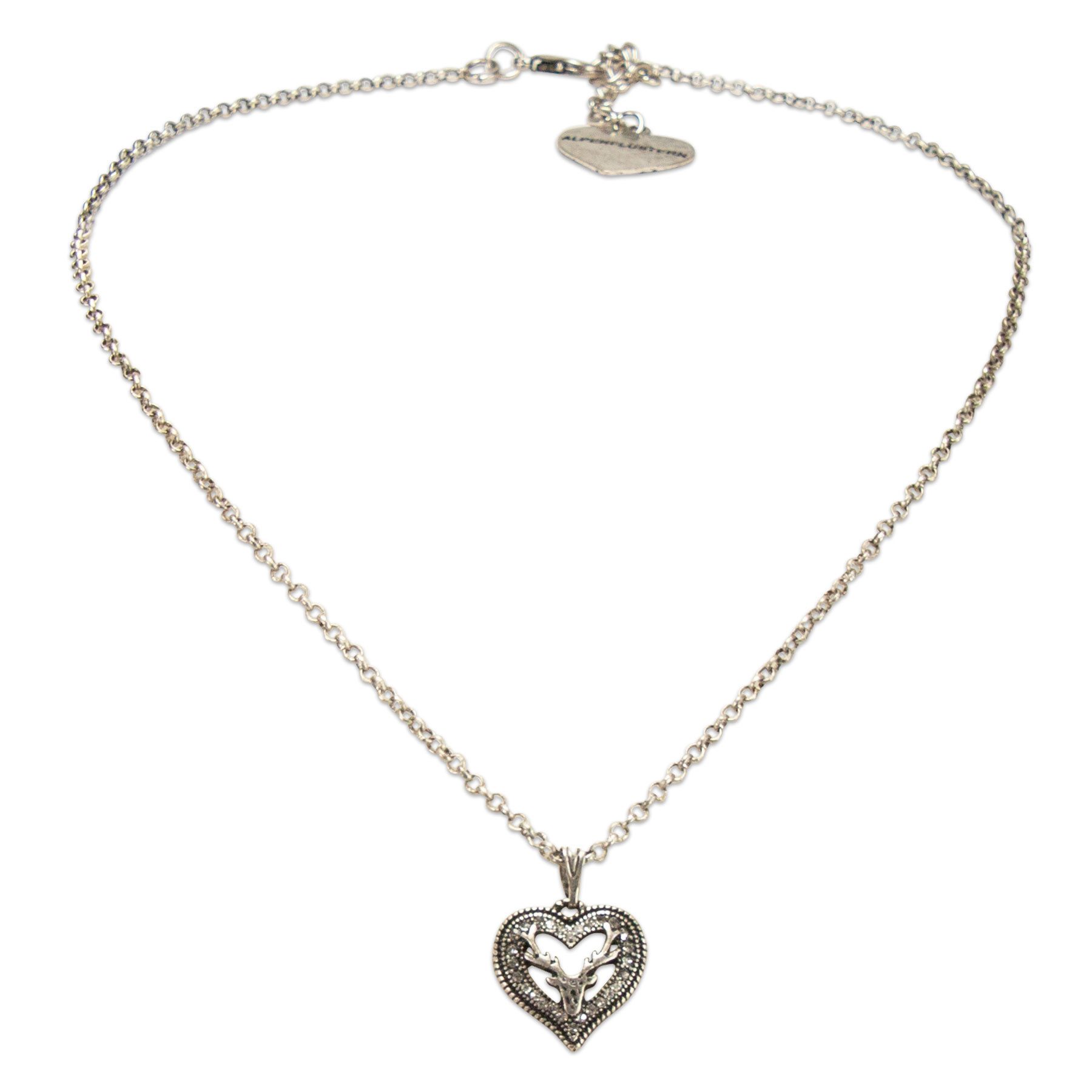 Collier Trachtenkette Metall-Halskette Strassherz-Hirsch (antik-silber-farben)