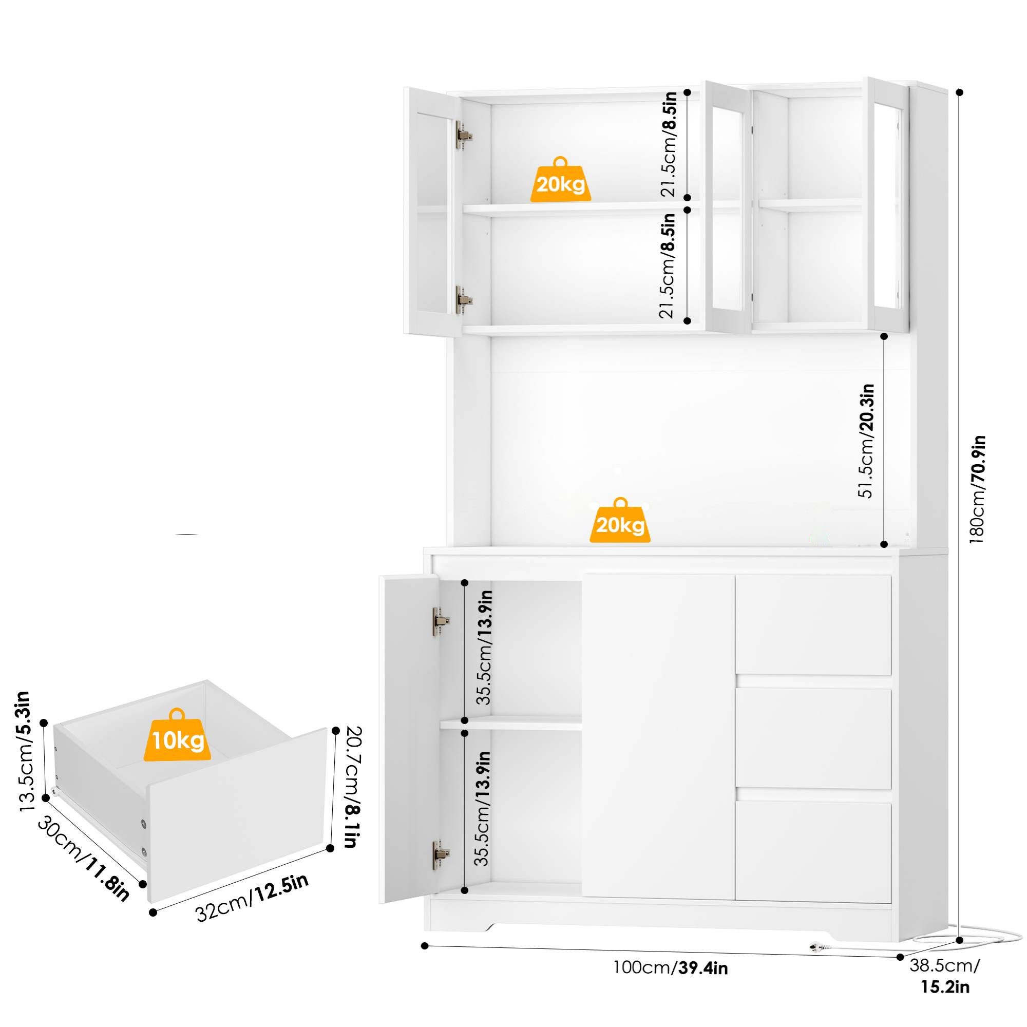 Homfa Küchenbuffet Küchenschrank Buffetschrank mit LED Sideboard weiß mit Steckdosenleiste & Arbeitsplatte 180x100x38,5cm