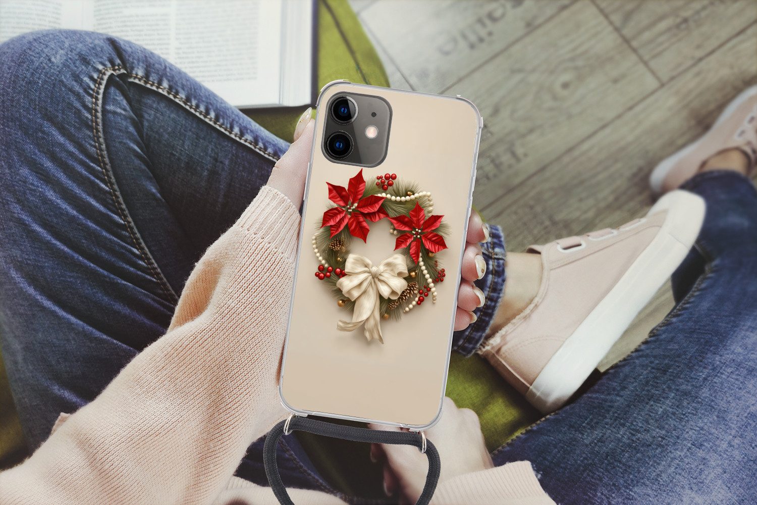 MuchoWow Handyhülle für Apple iPhone 12 Mini Türkranz - Schleife - Weihnachten - Rot - Grü, Tragbare Handyhüllen mit Kette zum umhängen, Handykette Handyband