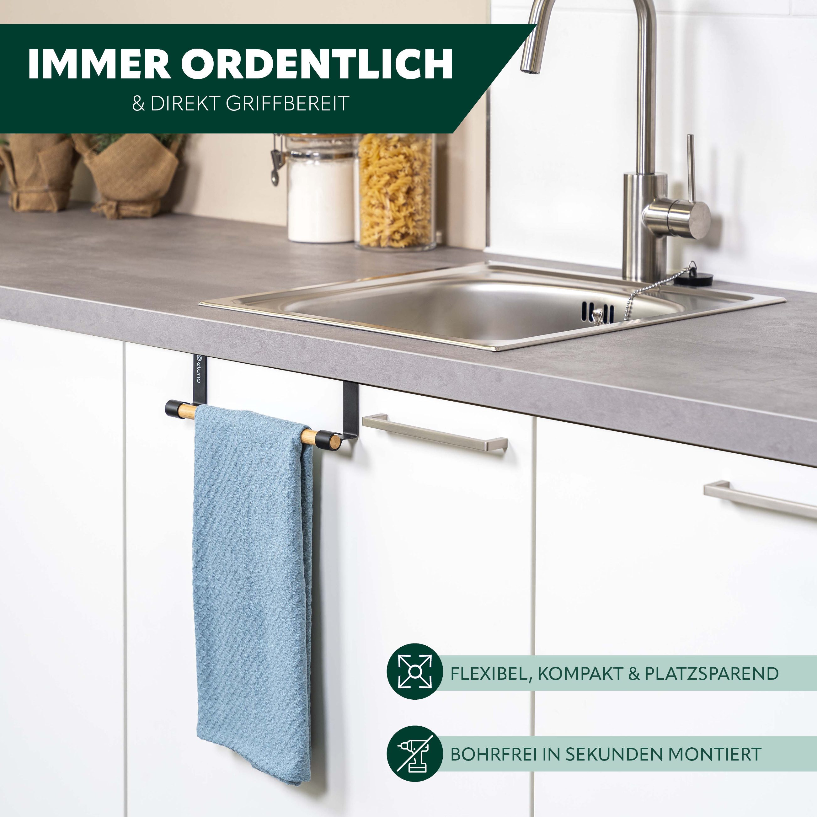 Thumbnail - eluno Spültuchhalter Geschirrhandtuchhalter mit Bambus ohne Bohren zum Einhängen