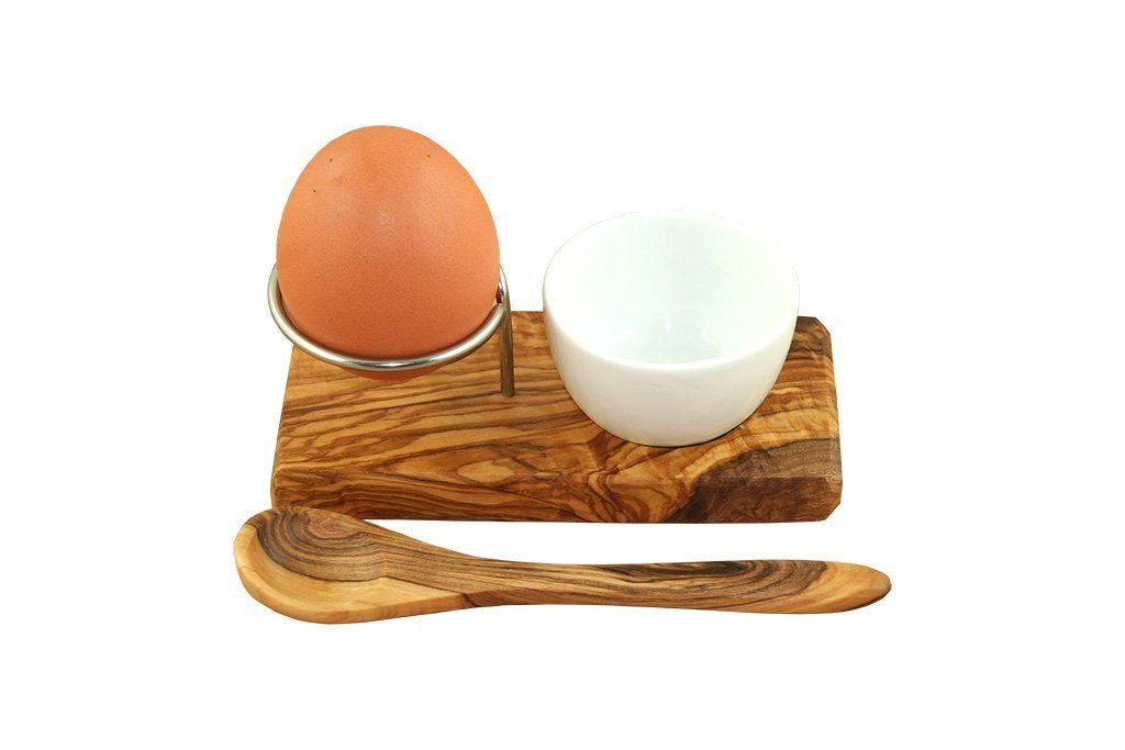 Olivenholz-erleben Eierbecher Eierhalter DESIGN aus Olivenholz, (1-tlg), handlich, PLUS Unikat Olivenholz, Porzellanschale, 100% mit