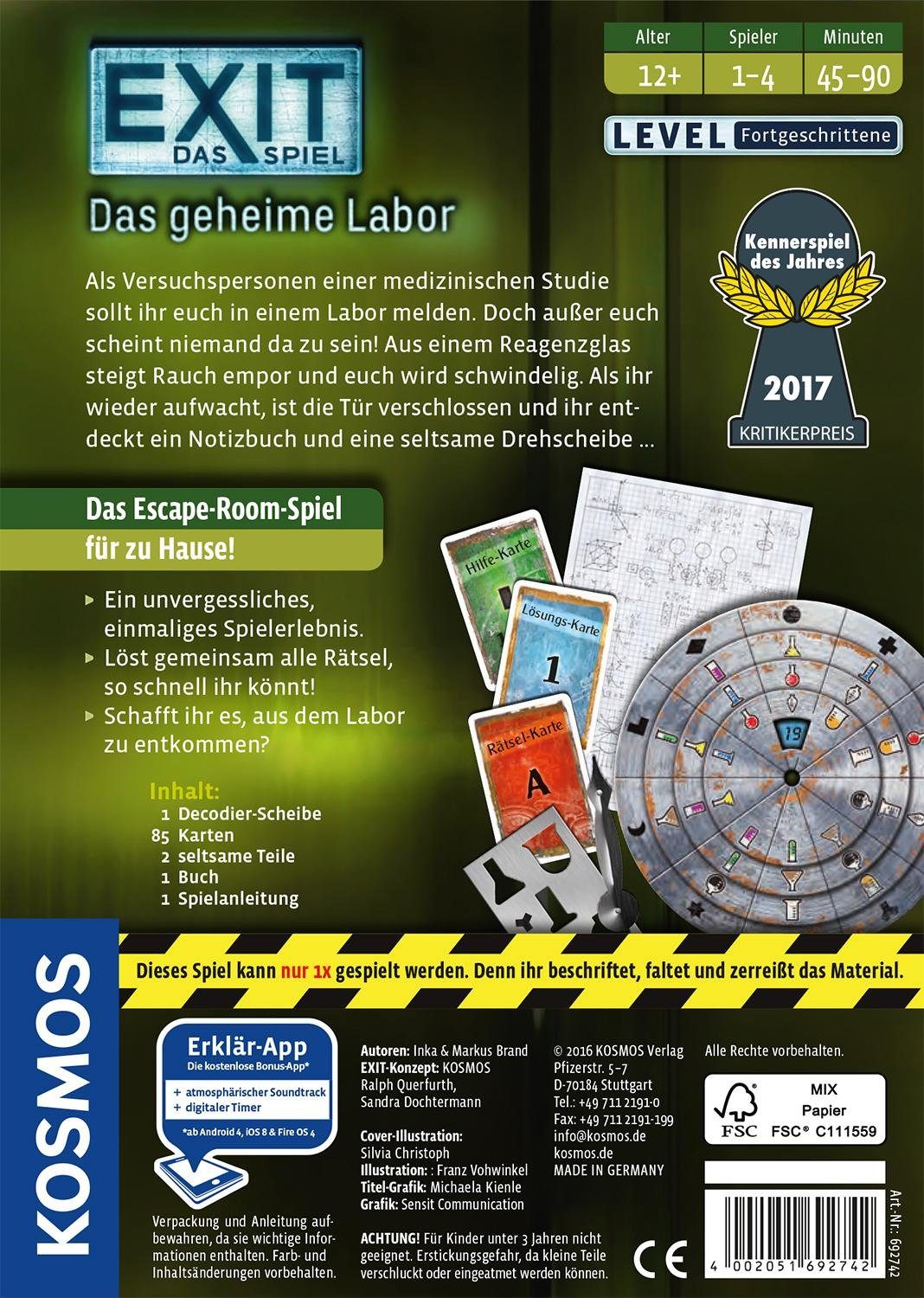 Kosmos Spiel EXIT, Das Spiel, Das geheime Labor, Rätselspiel, Made in Germany