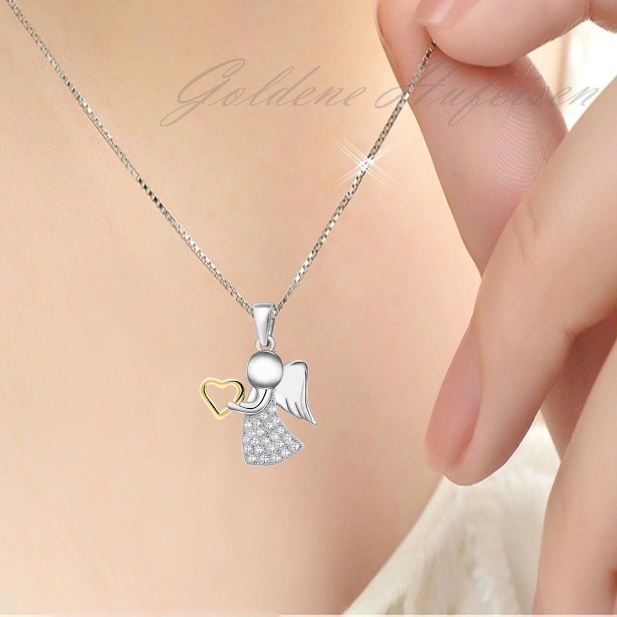 Goldene Hufeisen Kette mit Anhänger Schutzengel Herz Zirkonia Halskette 925 Sterling Silber Damen Mädchen (2-tlg, inkl. Etui), Rhodiniert, Schmuck Geschenk, mit Zirkonia Steine