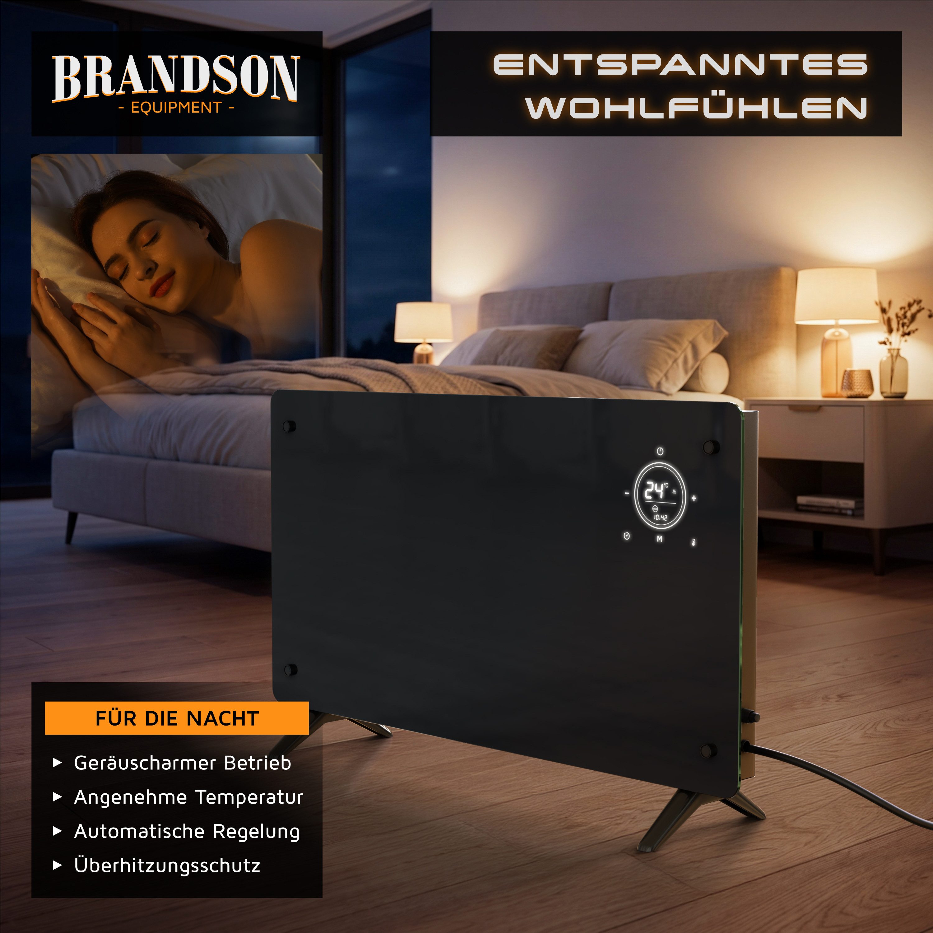 Brandson Konvektor Elektroheizung mit Glasfront schwarz, Wochenprogramm, Fernbedienung, 2000 W, Comfort-, ECO- & Frostschutz-Modus, 15-50 °C, 24h-Timer – Bild 5 von 5