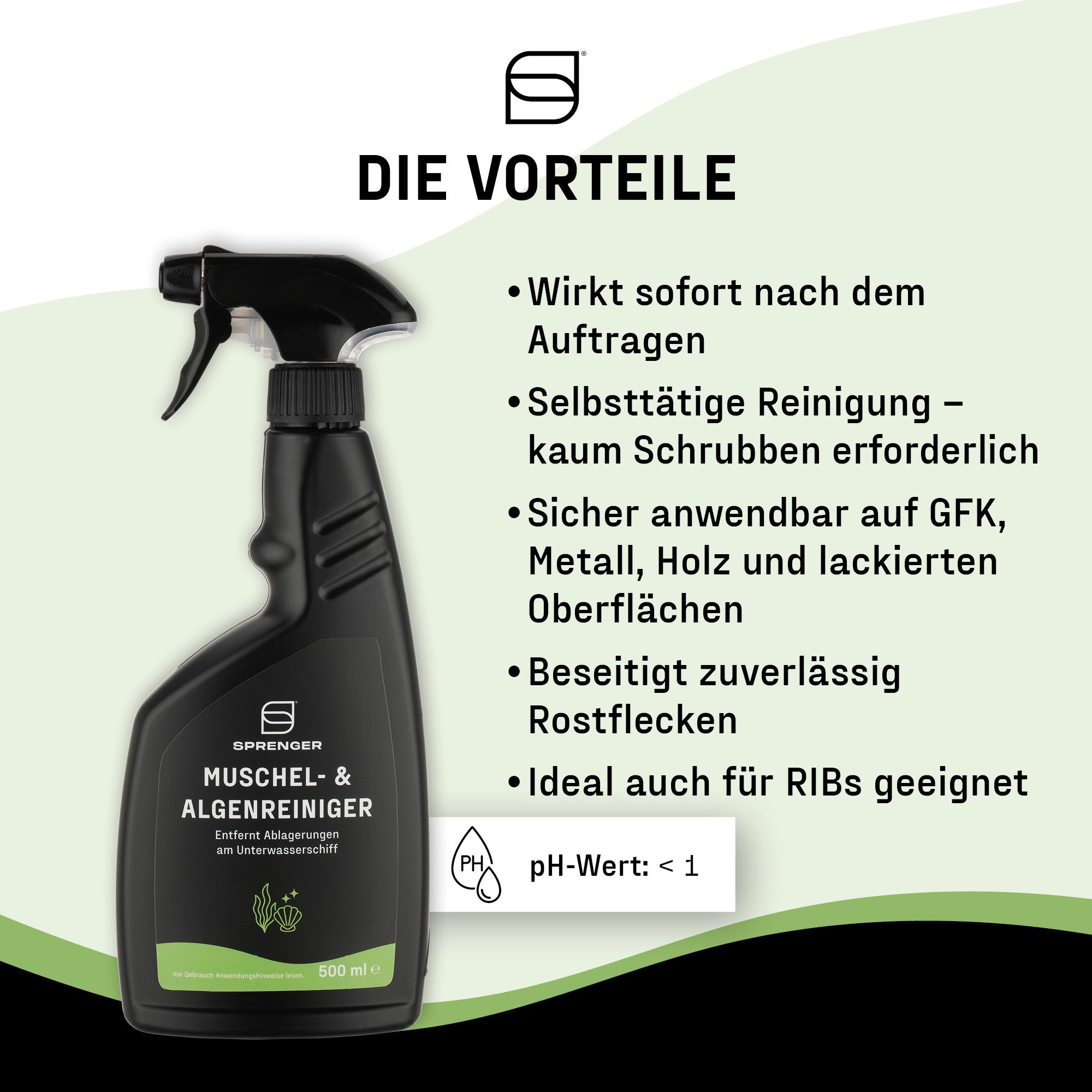 SPRENGER Algenbekämpfung Muschel- & Algenreiniger 500 ml Sprühflasche, Entfernt Bewuchs & Rost am Unterwasserschiff & Antrieb