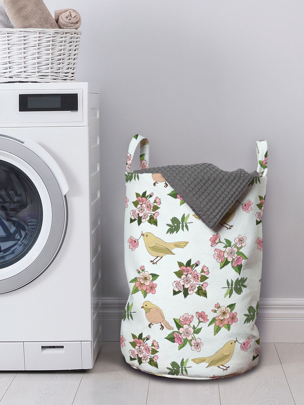 Wäschekorb mit Blumen Blumen Wäschesäckchen Kordelzugverschluss Waschsalons, und Griffen Vogel-Muster für Abakuhaus