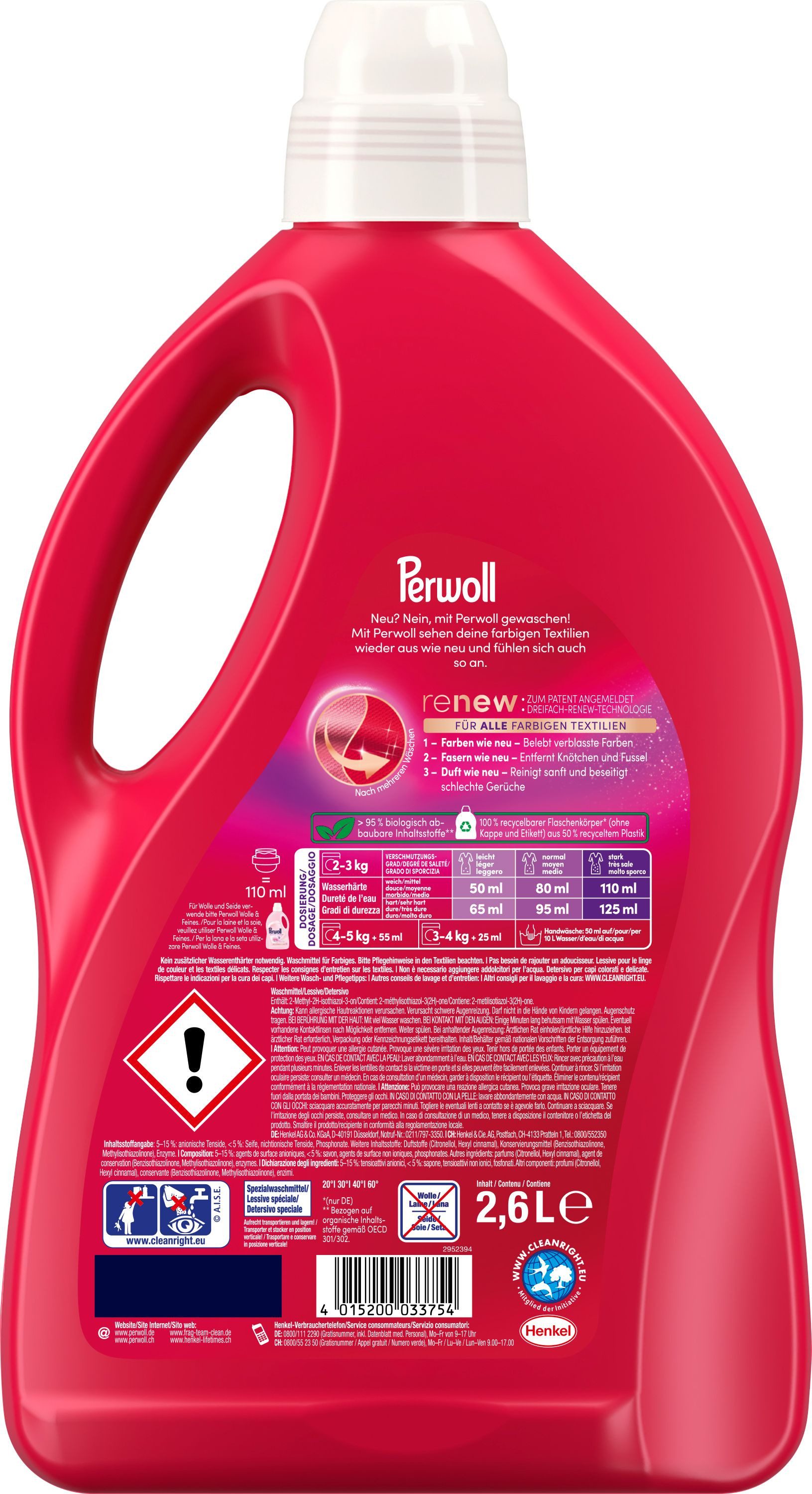 Perwoll PERWOLL Flüssigwaschmittel 52WL Color Universal 2,6L Colorwaschmittel (1-St. mit Dreifach-Renew-Technologie)