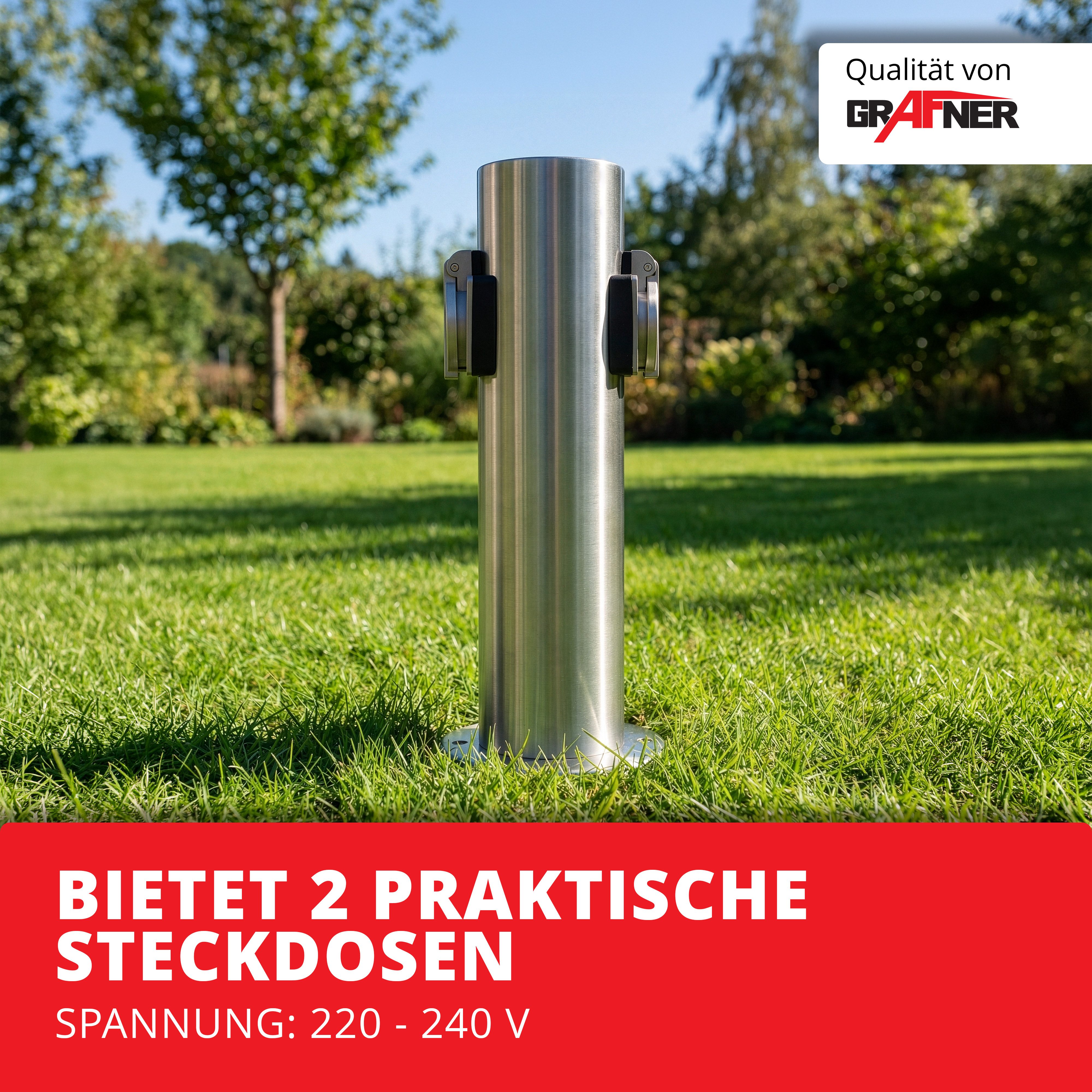 Grafner Gartensteckdose Steckdosensäule mit 2 Außensteckdosen Edelstahl Gartensteckdose, Stck, 1-St., 1, aus Edelstahl, mit Silikongummidichtung