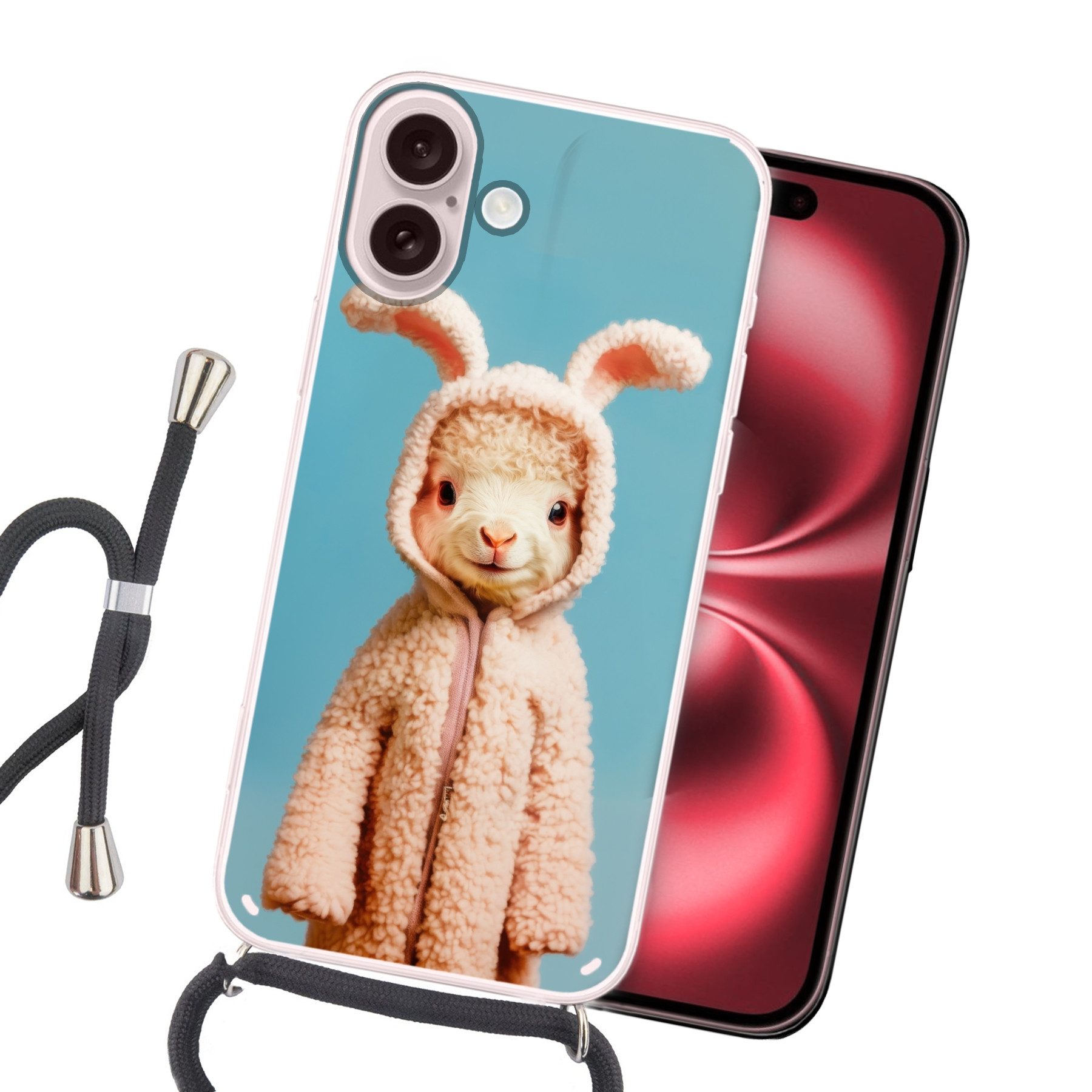 MuchoWow Handyhülle für Apple iPhone 16 Lamm - Osterhase - Kostüm, Tragbare Handyhüllen mit Kette zum umhängen, Handykette Handyband