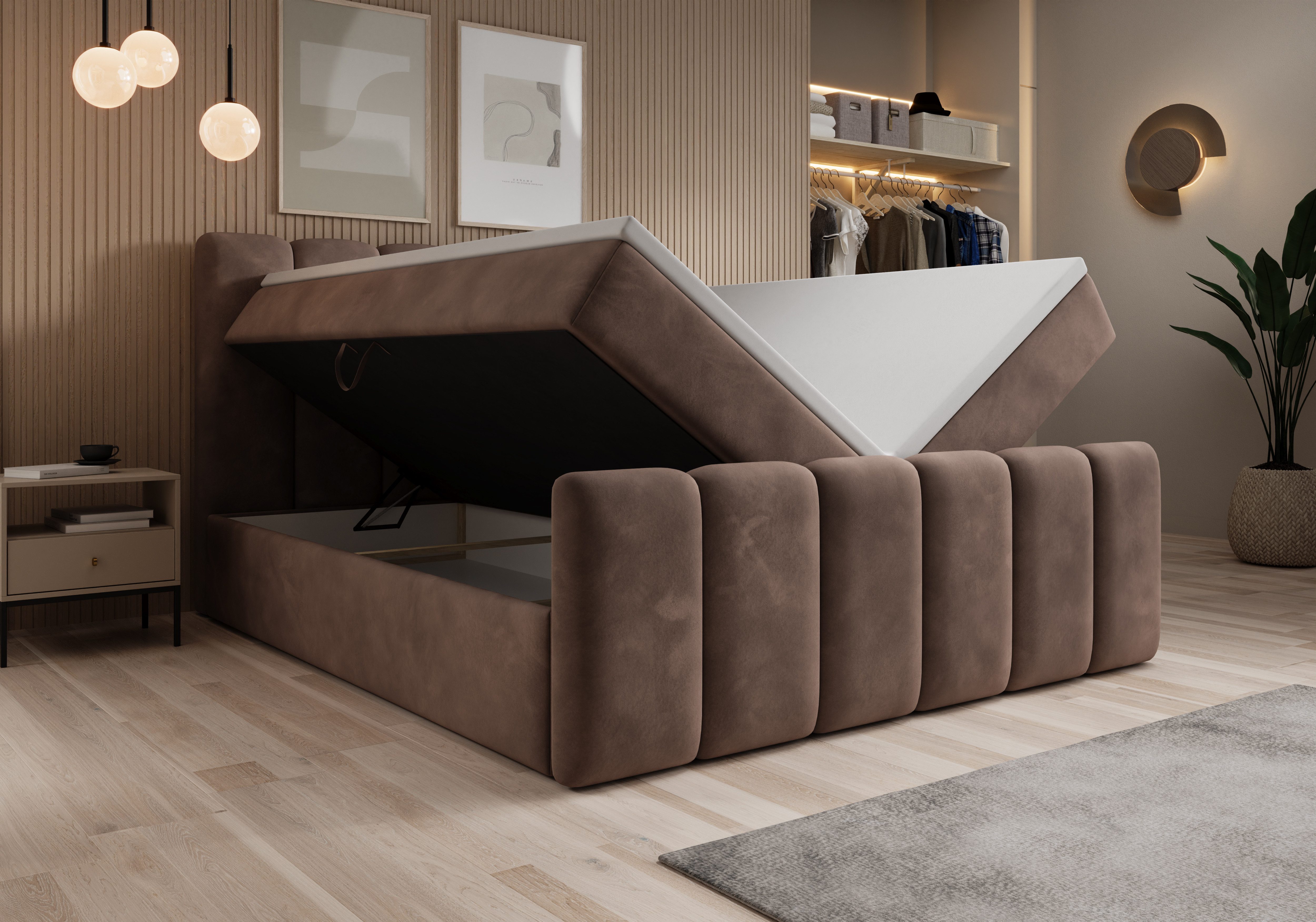 thematys Boxbett mit Bettkasten 140x200–200x200 cm – Velours oder Bouclé Bezug – (Polsterbett Bonnellfederkern Matratze H3 + Gratis 3cm Topper, Boxbett - Luxus Doppelbett mit Stauraum)