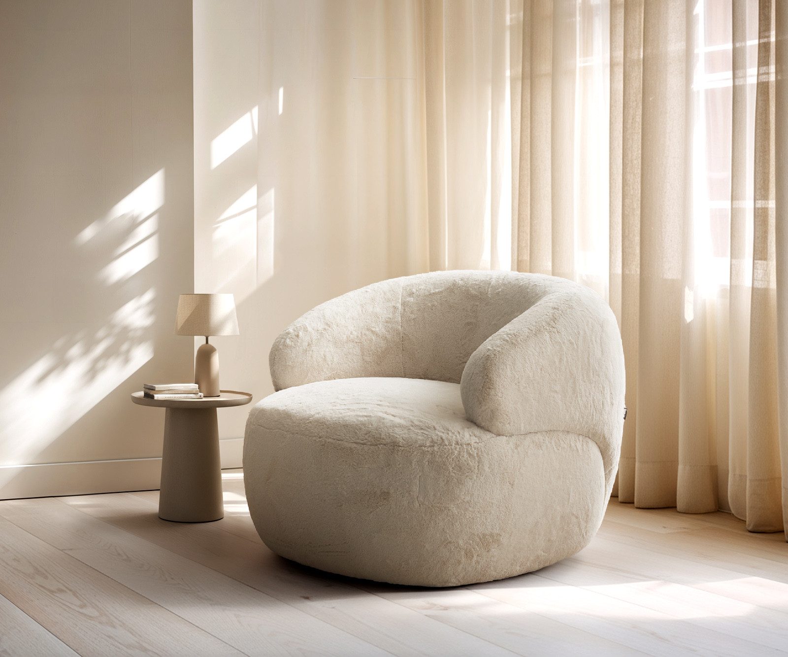 DELIFE Cocktailsessel Nova, Plüsch Creme-Weiß 88x88 cm Loungesessel