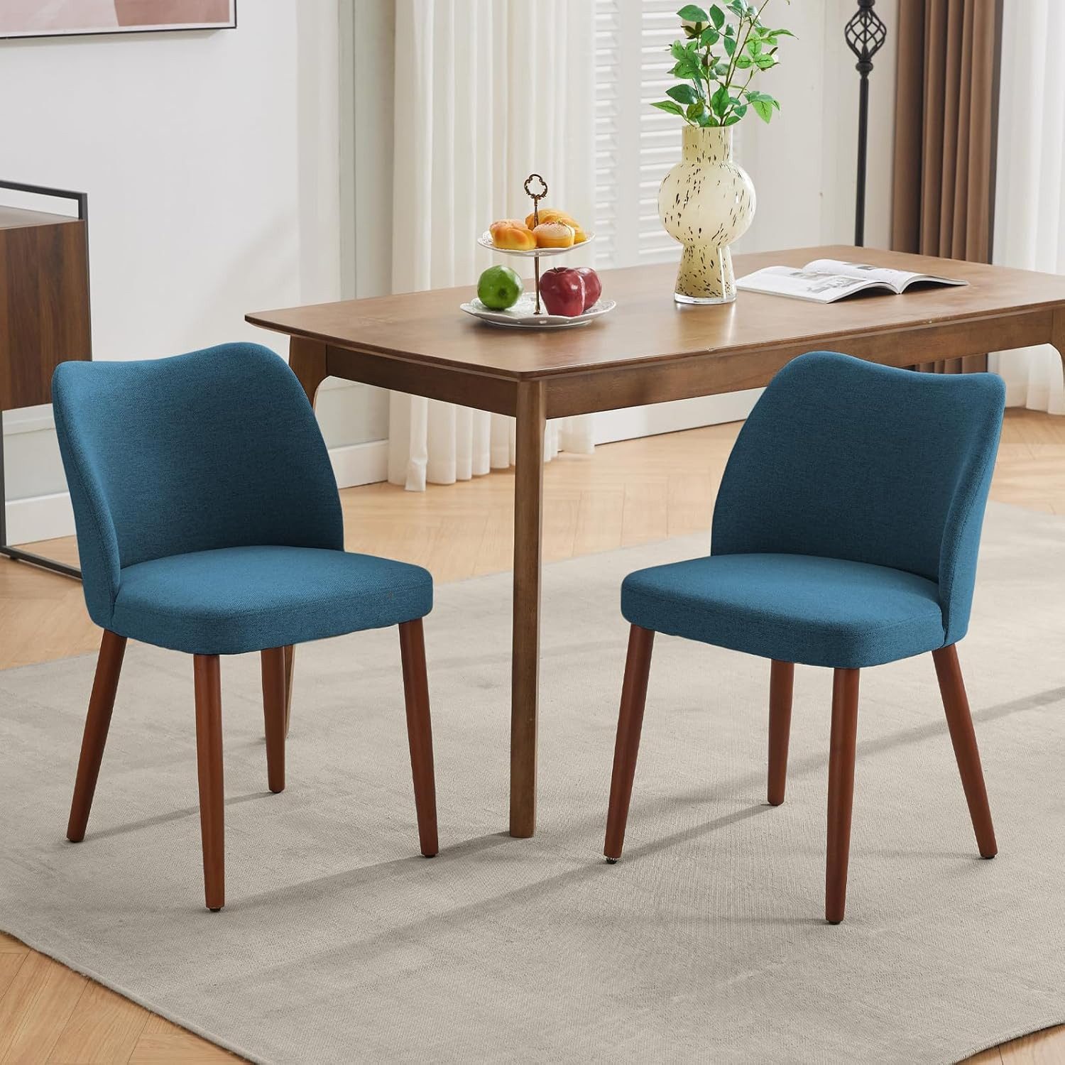 GarveeMore Esszimmerstuhl 2er-Set,Leinen gepolsterter Esszimmerstuhl mit Holzbeinen,Ohrensessel, Küchenstühle mit dicken Kissen für Esszimmer, Wohnzimmer