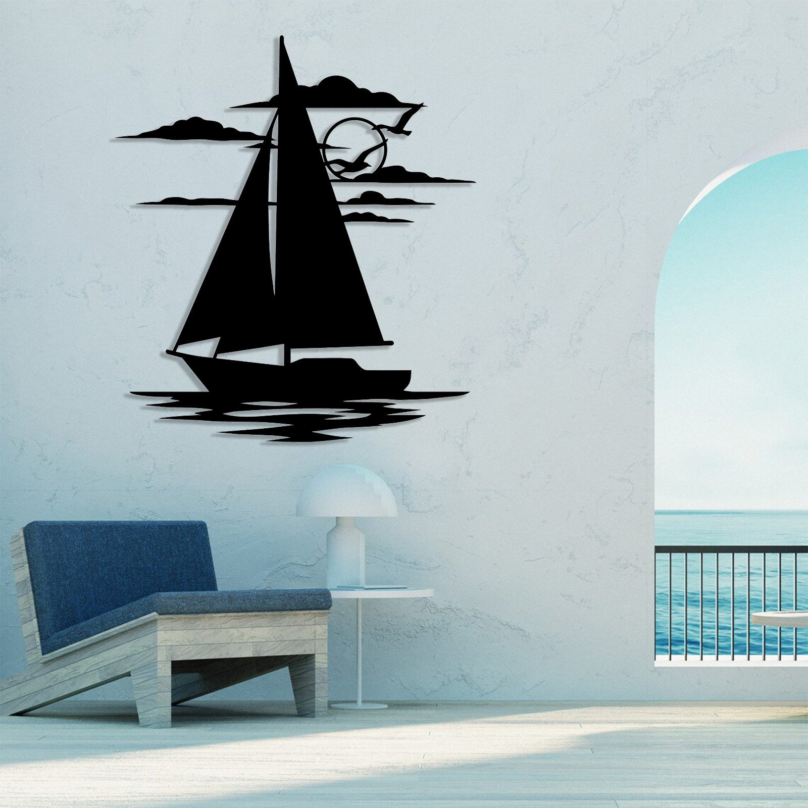 Jumpeak Wanddekoobjekt Segelschiff Wanddeko,Maritime Sonnenuntergang,Möwen und Wolken,Linien, Metall,4 Farben,2 Maße,Nautische Eisen,Geschenkidee,Küstenstil Deko