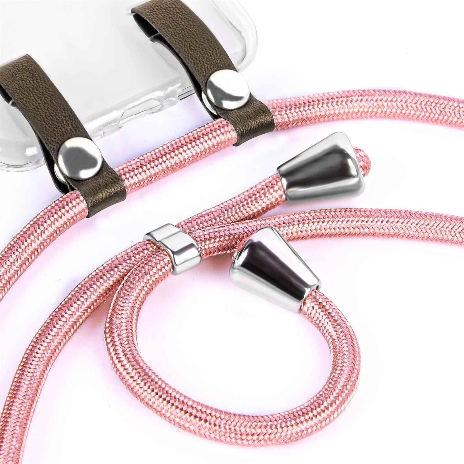moex Handykette für iPhone 12 Pro Max Hülle mit Band Free Spirit Rosa 6,7 Zoll, Handyhülle zum Umhängen Handyband Kette abnehmbar Handy Umhängeband
