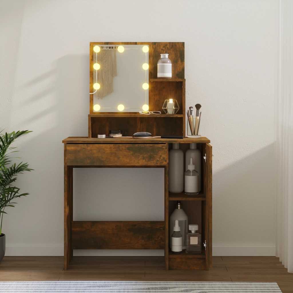 furnicato Schminktisch 86,5x35x136 cm Räuchereiche Massivholz mit (1-St), Kosmetiktisch mit LED-Spiegel, Ablagen, Schublade und Beistellschrank