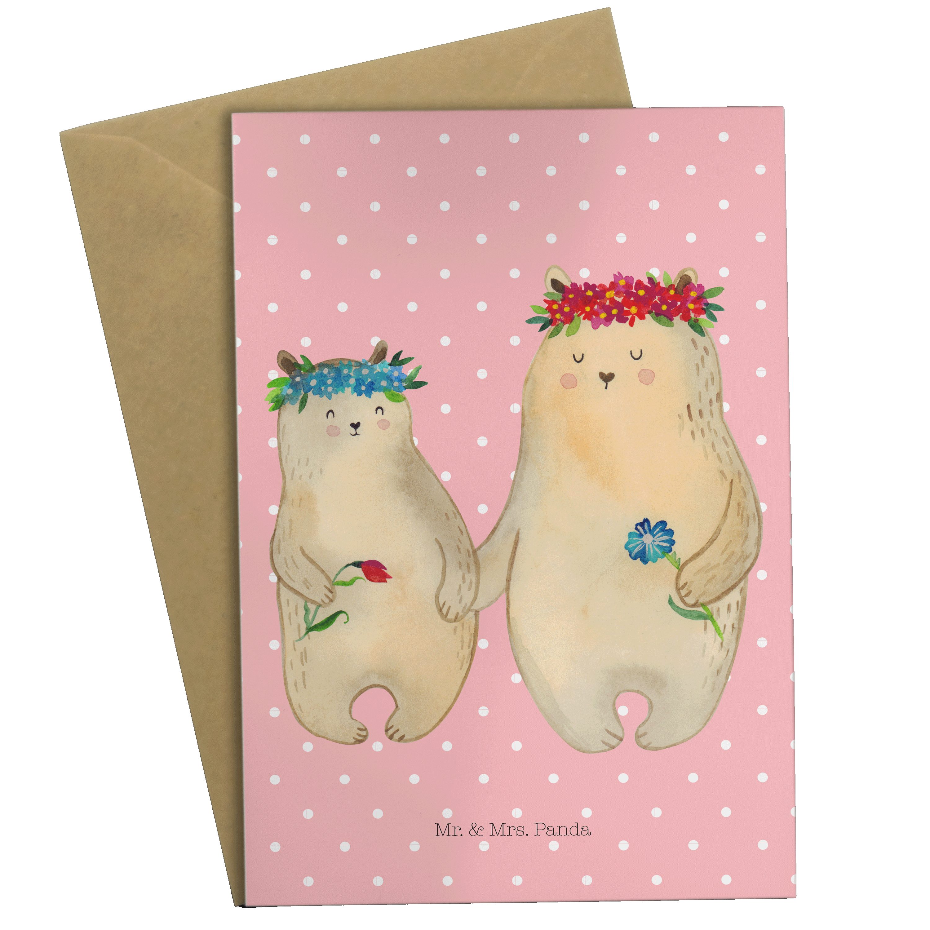 Mr. & Mrs. Panda Grußkarte Bären mit Blumenkranz - Rot Pastell - Geschenk, Oma, Grußkarte, Tocht, Hochwertiger Karton