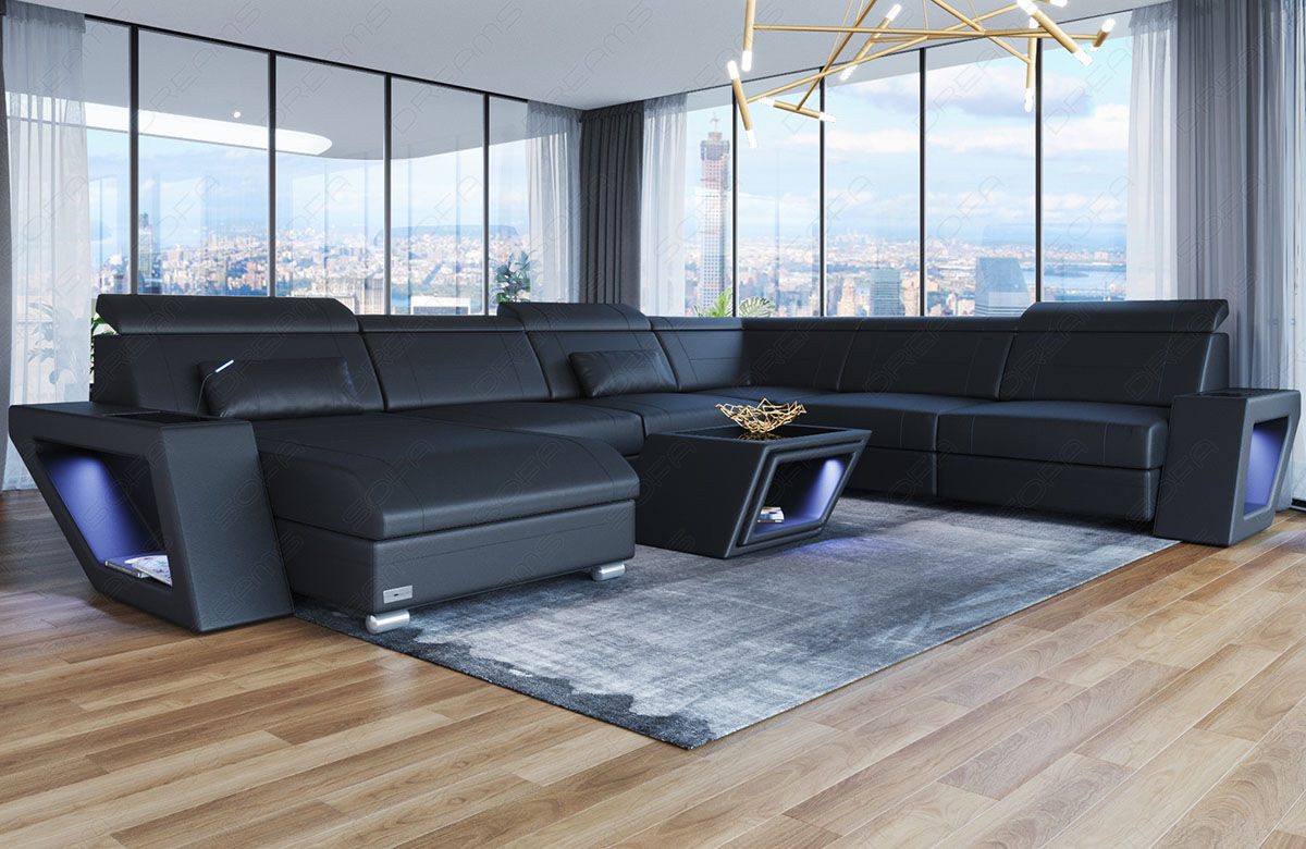 Sofa Dreams Wohnlandschaft Leder Sofa Catania XXL Mini, LED-Beleuchtung, Design-Couch, 6-Sitzer, Ausrichtung Ottomane wählbar