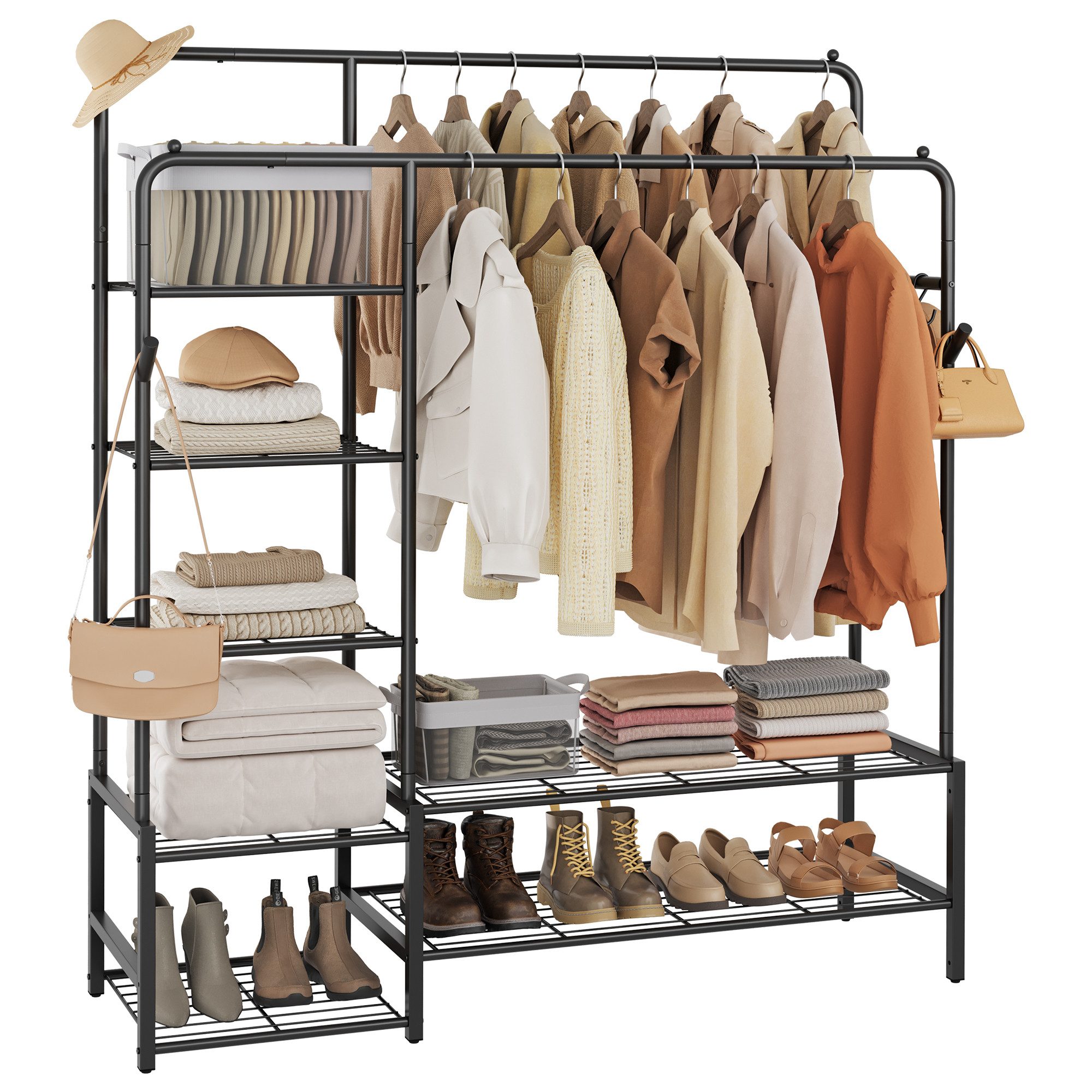 SONGMICS Kleiderständer Offener Kleiderschrank, Garderobenständer, mit Kleiderstange und 7/9 Ablagen, Metallrahmen