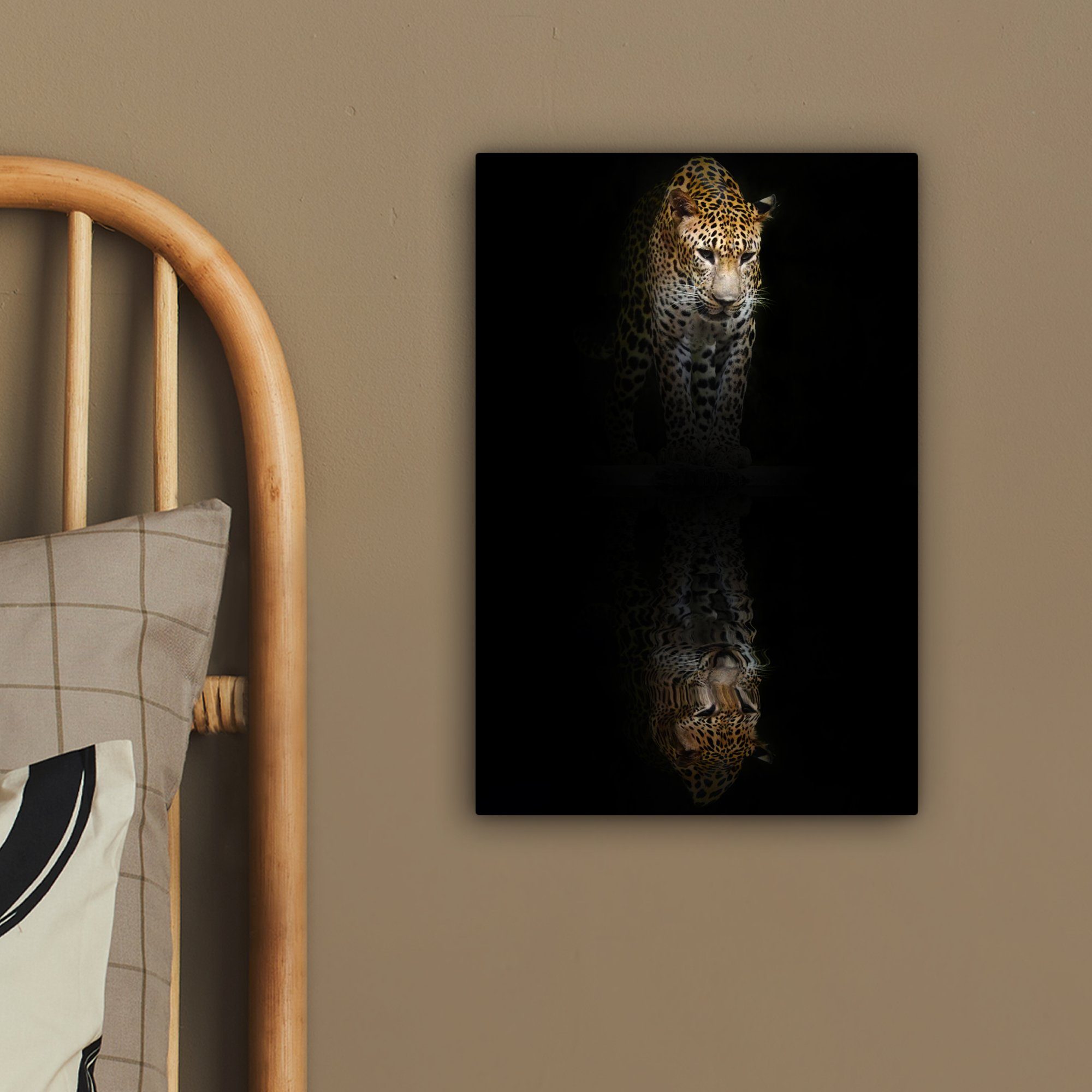 Gemälde, 20x30 inkl. Reflexion cm Leopard - - (1 Zackenaufhänger, Leinwandbild St), Leinwandbild fertig bespannt Schwarz, OneMillionCanvasses®