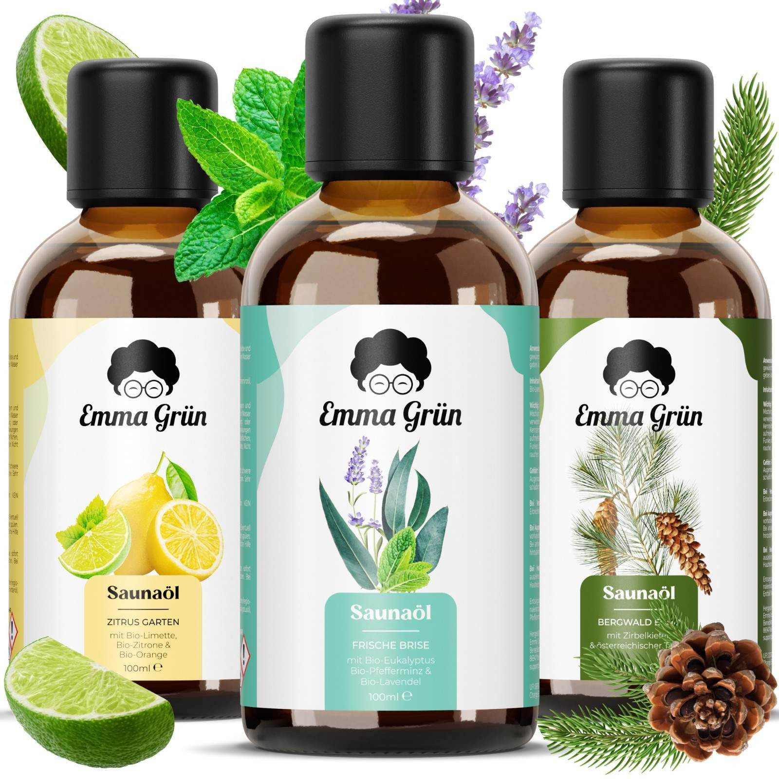Emma Grün Sauna-Aufgussset holzig, frisch & spritzig, 3x 100ml (3-tlg) 100% naturreine ätherische Bio-Öle
