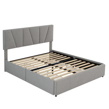Celya Polsterbett Doppelbett Bettgestell 160x200cm Kingsize Polster Plattform Bett, mit vier Schubladen auf zwei Seiten, Verstellbares Kopfteil, Grau