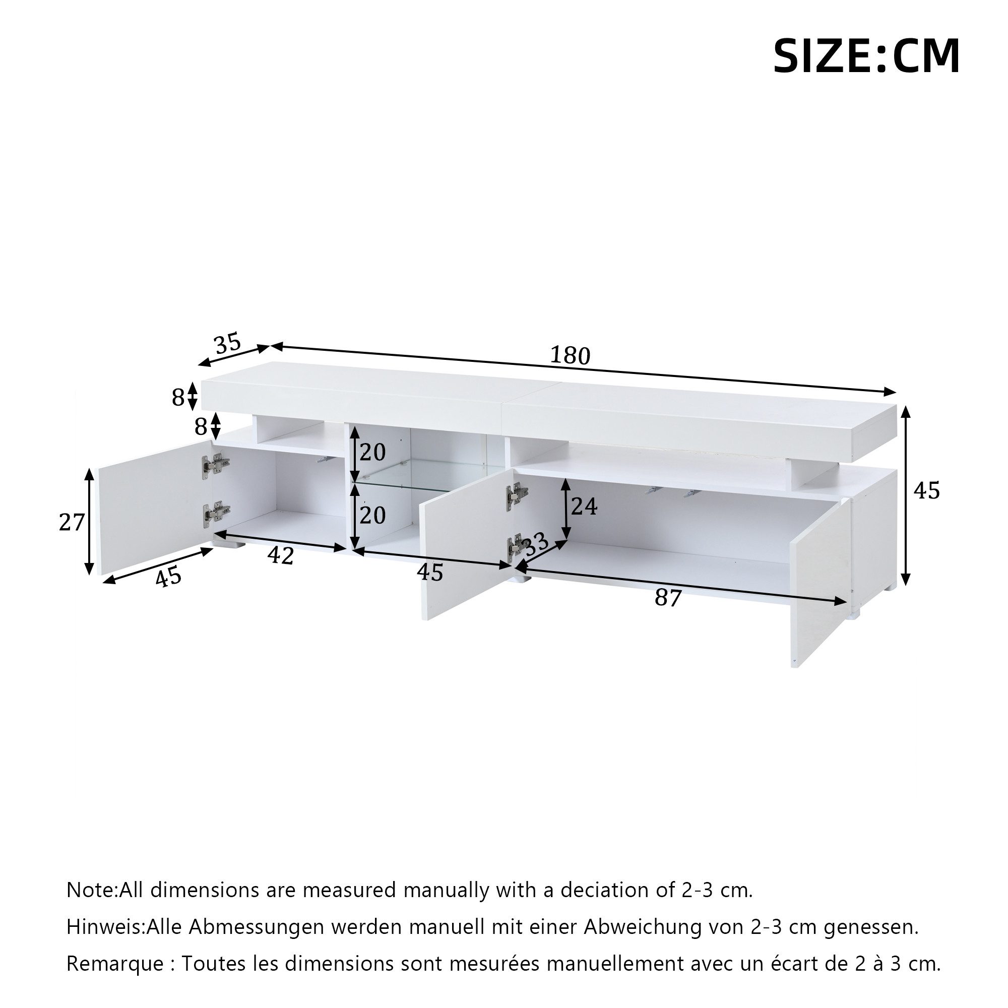 KLAM HOME Lowboard Weißer Hochglanz TV-Schrank 180cm für 80 Zoll mit 3 Türen & LED (Lowboard mit App-gesteuerter Beleuchtung & verstellbarem Glasfach), Moderner TV-Ständer mit viel Stauraum & Hochglanz-Optik für Wohnzimmer