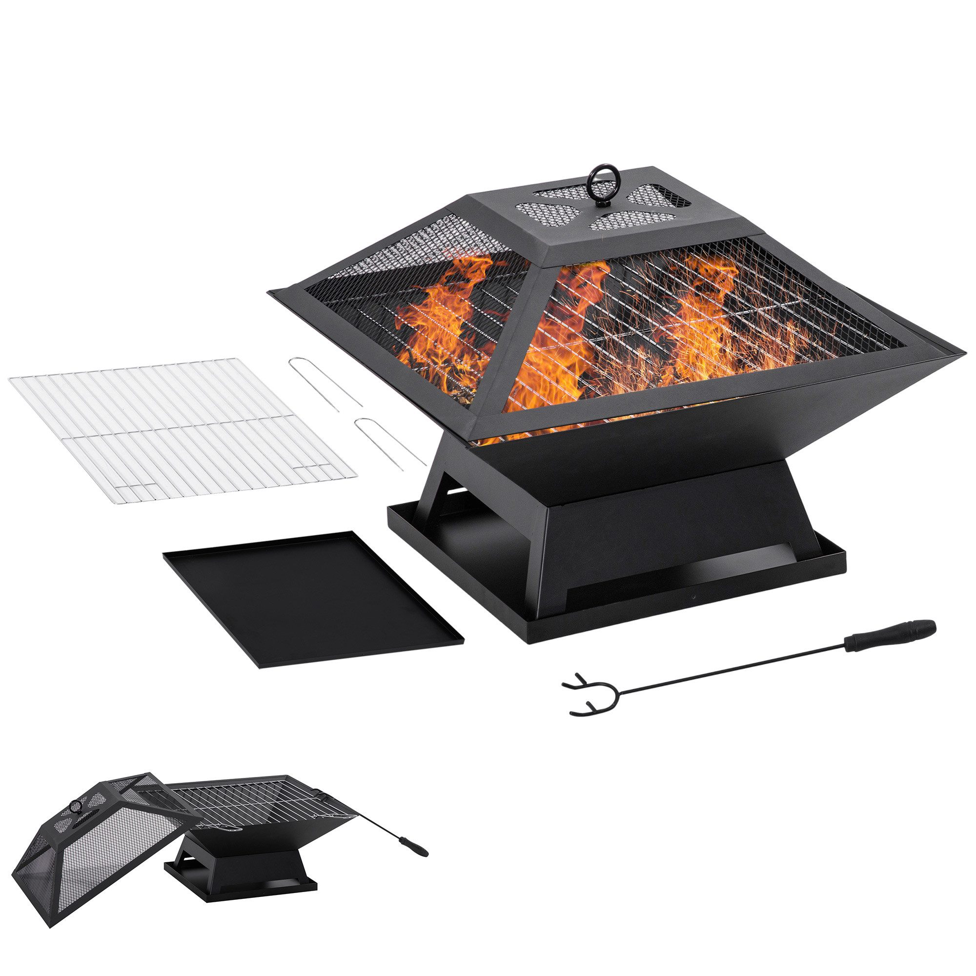MC Star Feuerschale Feuerschale 45 x 45 x 34cm aus Edelstahl Feuerstelle mit Funkenschutz, (Schürhaken Feuerschalen Feuerkorb für Garten, Balkon, BBQ Camping Schwarz)