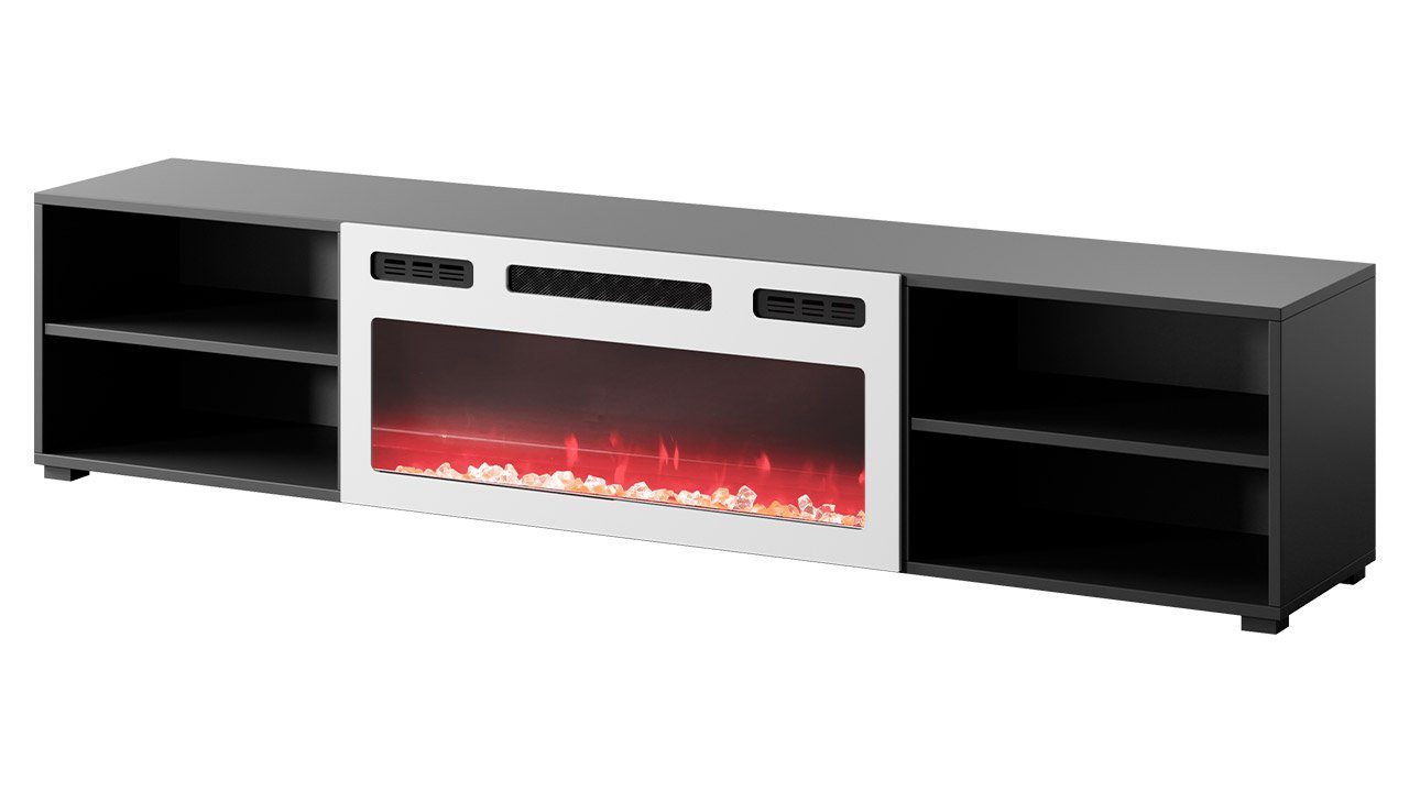 Kamin) TV-Schrank 180x33x39 Weiß + Glas, Gehärtetes Schwarz cm Elektrische LED-Flamme, Mirjan24 Realistische Hochglanz 180 Schwarz Polo (mit /