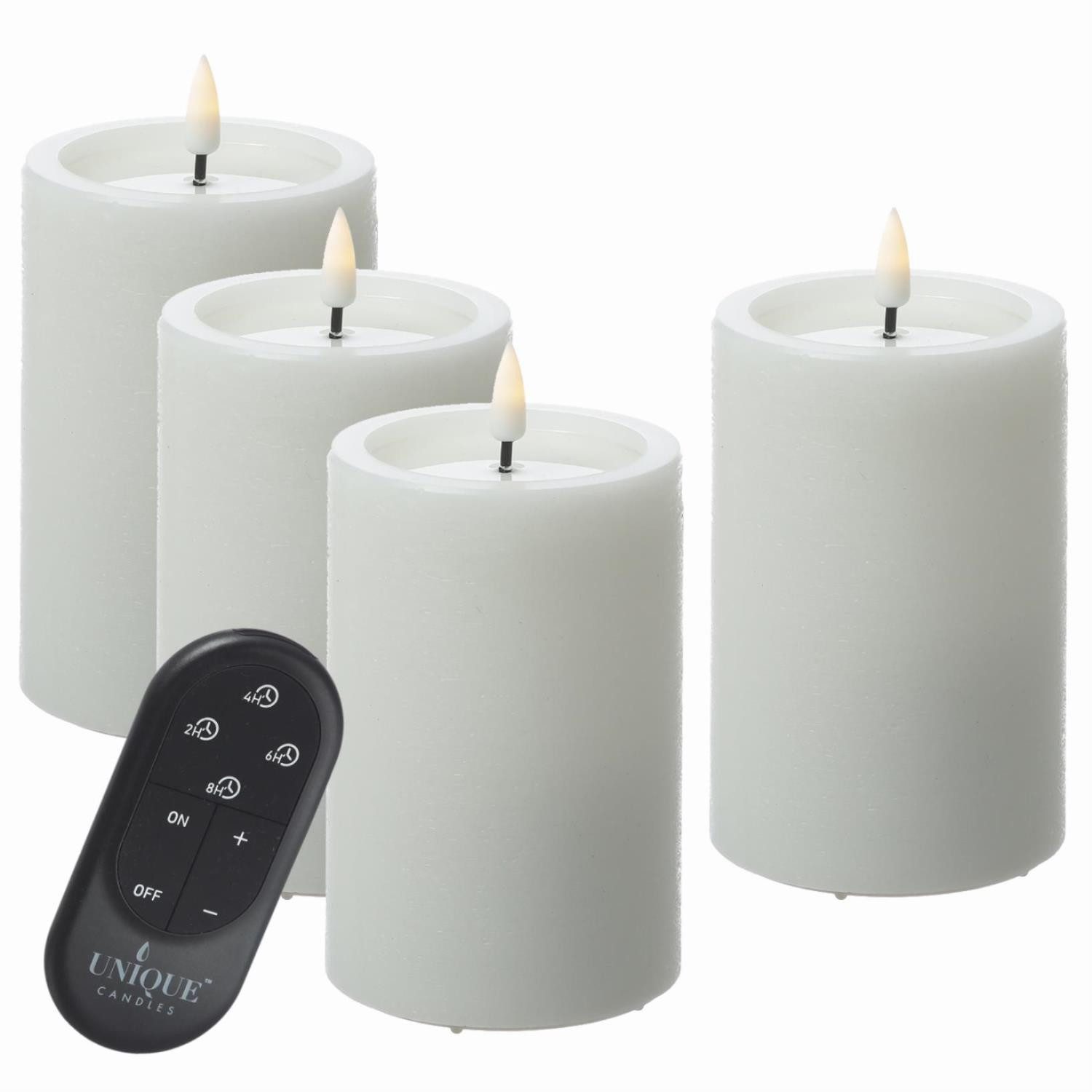 UNIQUE candles LED-Kerze LED Свічкиset UNIQUE Rustik-Optik 12,5cm mit Batterien Fernb. 4er Set (4-tlg)