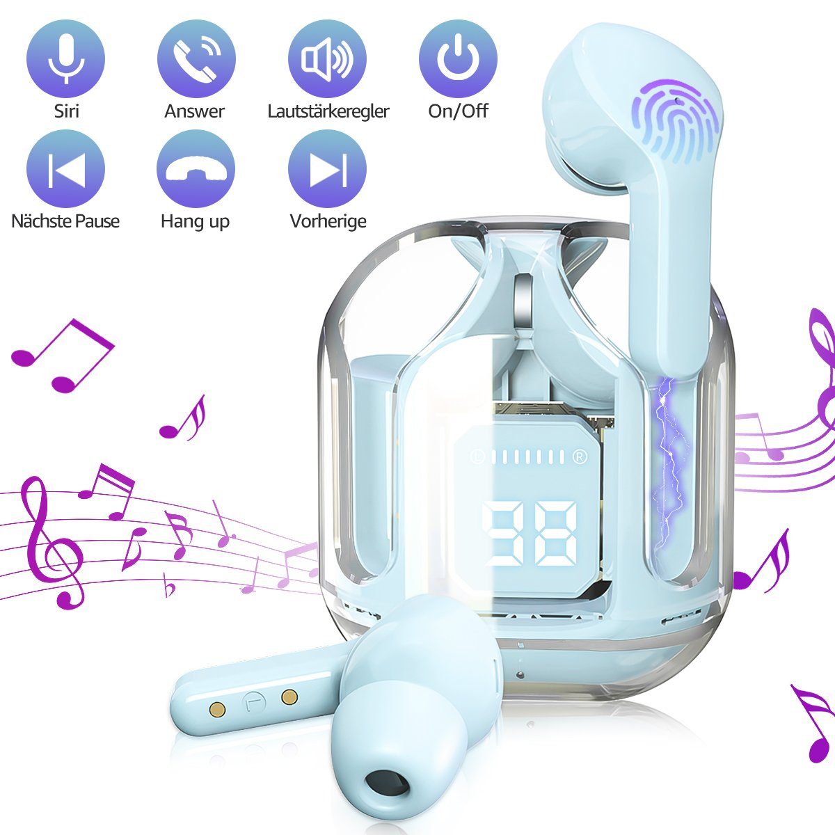 7Magic 2023 NEU Kabellos Kopfhoerer TWS Gaming Kopfhörer Crystal Transparent Bluetooth-Kopfhörer (Bluetooth 5.3 + EDR, Smart Touch Control, ENC Noise Cancelling Bluetooth Kopfhörer) Blau