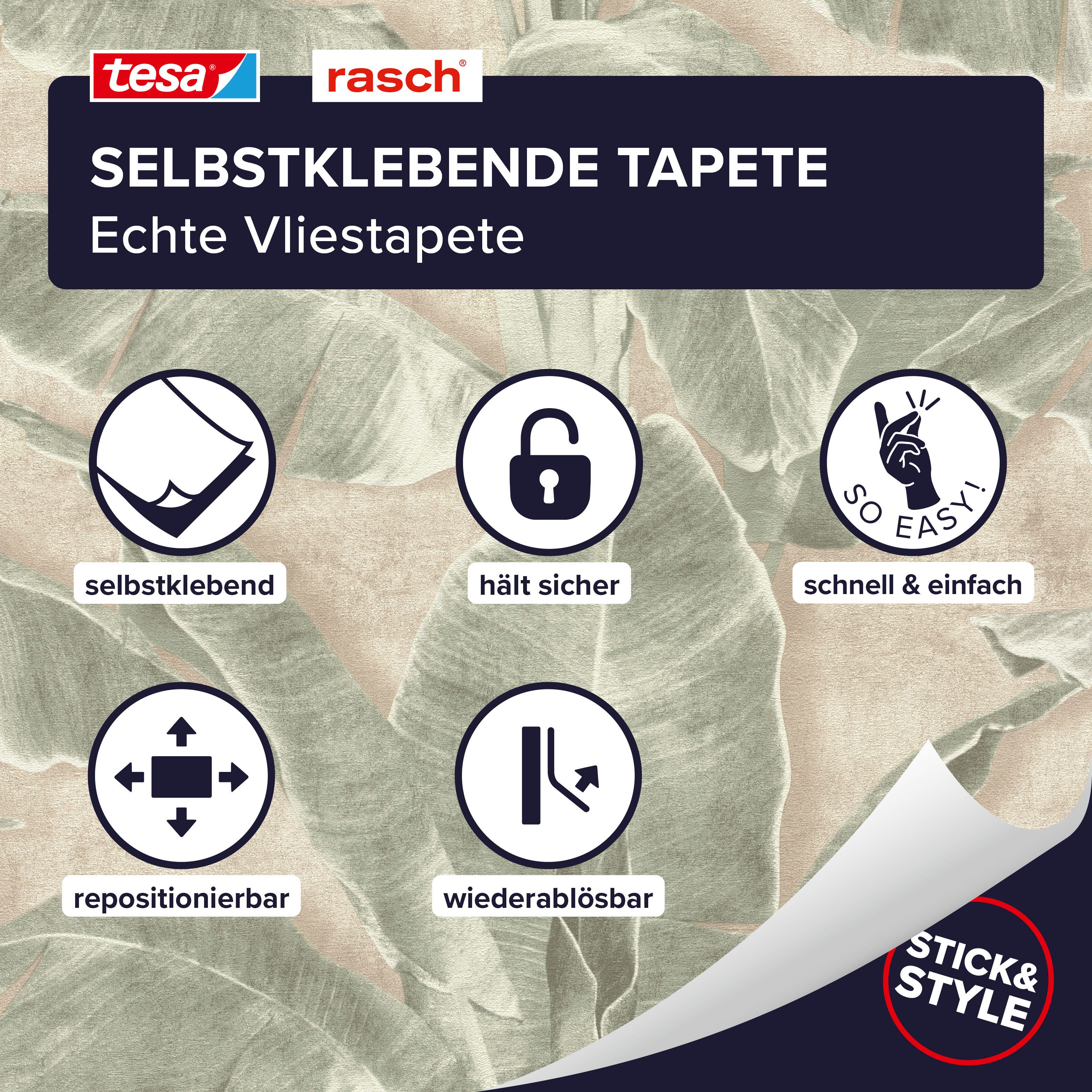 Rasch Vliestapete Cuba - Selbstklebende Tapete Dschungel von tesa® x rasch®, strukturiert, botanisch, tropisch, (1 St), selbstklebend, 6,00m x 0,53m