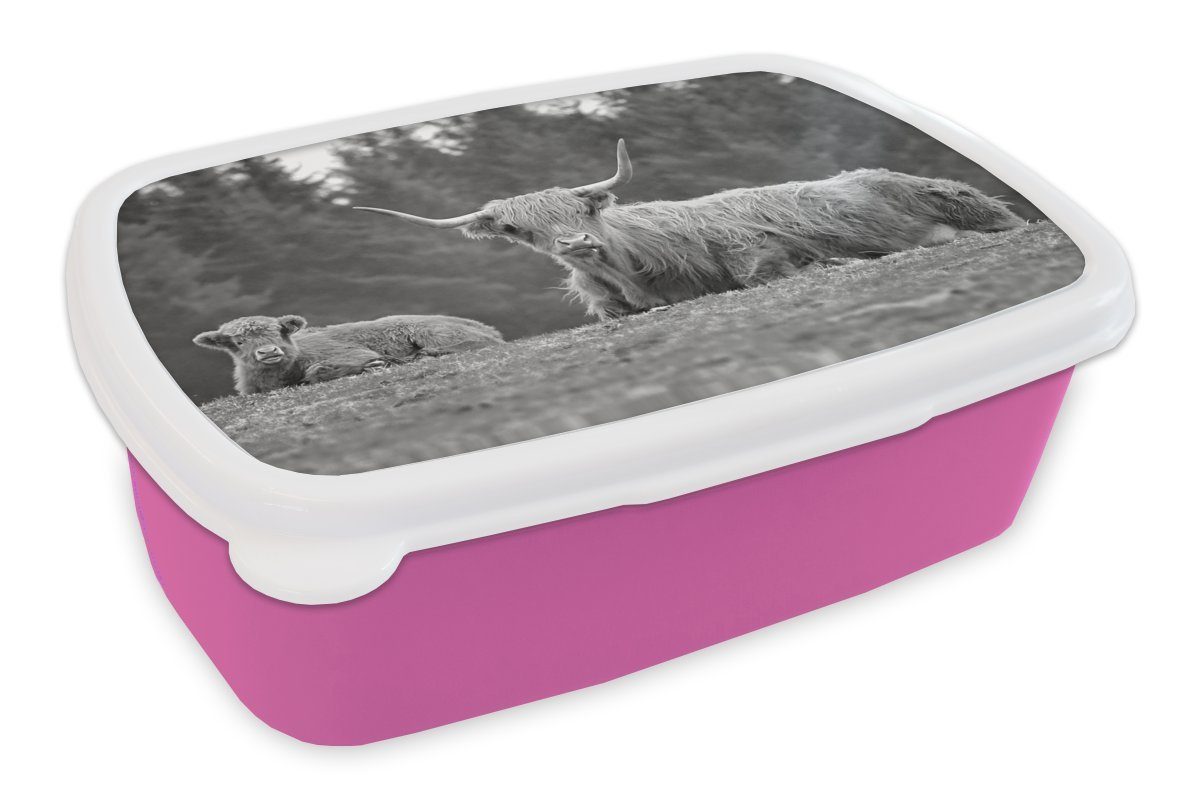 MuchoWow Lunchbox Eine Mutter - Snackbox, mit rosa schottischer für Kalb, schwarz ihrem Brotbox und, Kunststoff, Erwachsene, Highlander ein (2-tlg), Kinder, Mädchen, Kunststoff Brotdose