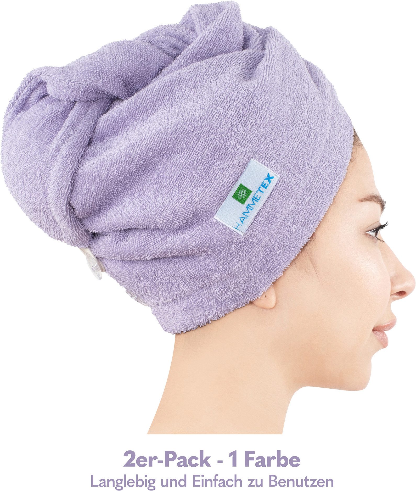 HAMMETEX Turban-Handtuch 2er Set Haarturban Damen, 100% Baumwolle, Flauschig & Schnelltrocknend, Frottier (Set, 2-St), Uni-Farben, weich
