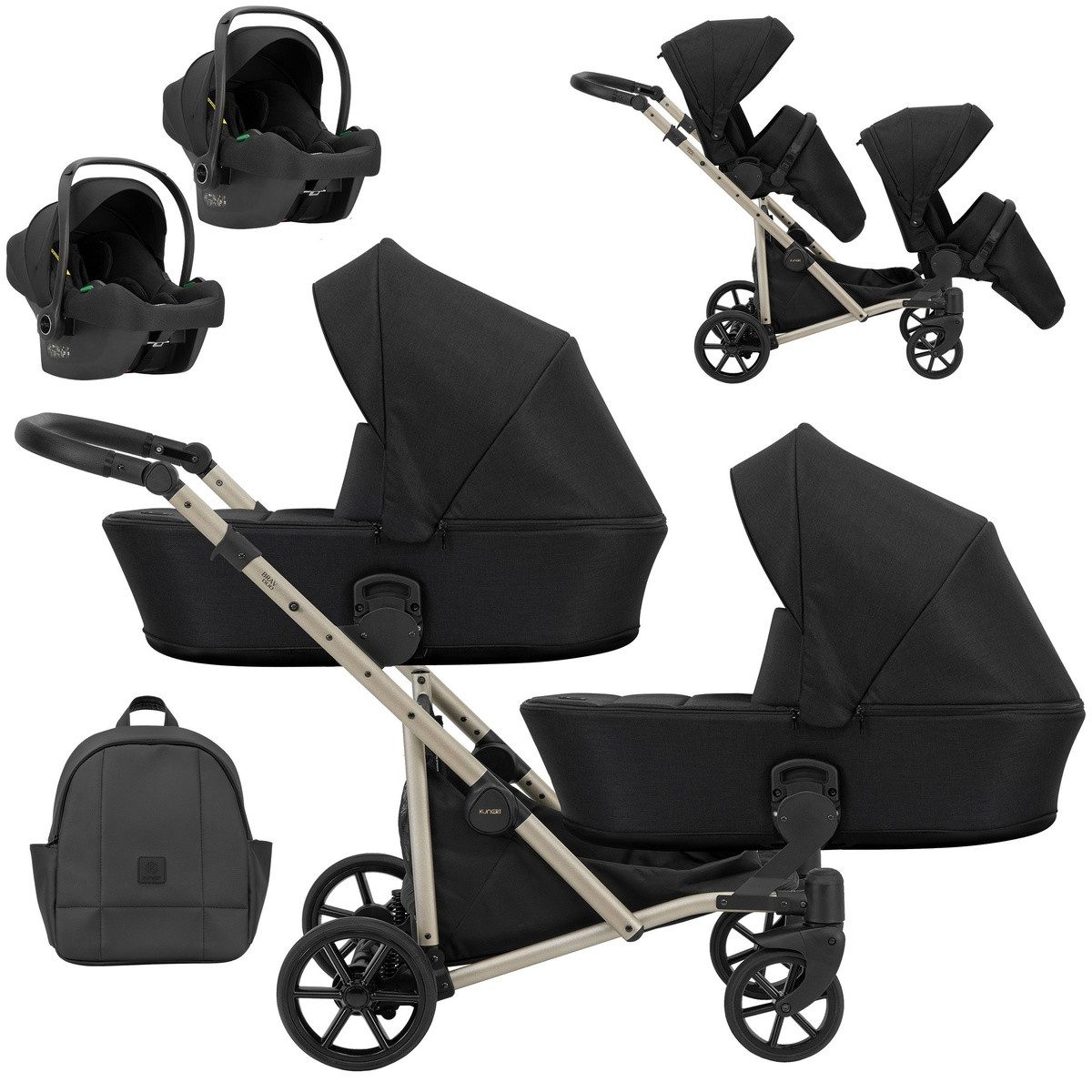KUNERT Zwillings-Kombikinderwagen BRAV DUO 3 in 1 Doppelkinderwagen mit 2x Cosmo Babyschalen Cream, 12 Konfigurationen, kompakt zusammenklappbar, große Ablagefächer