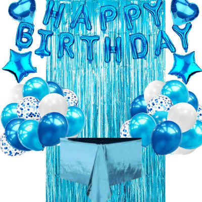 Montegoni Luftballon Blau Geburtstagsdeko Set jungen mit Happy Birthday Girlande, Luftballons,Latex Ballons,Glitzer Vorhang,Blau Kindergeburtstags Deko